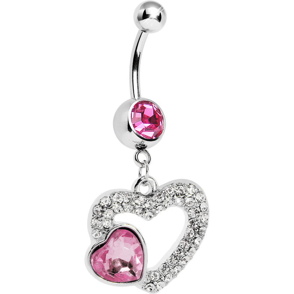 Pink Gem Hollow Heart Dangle Belly Ring Bodycandy