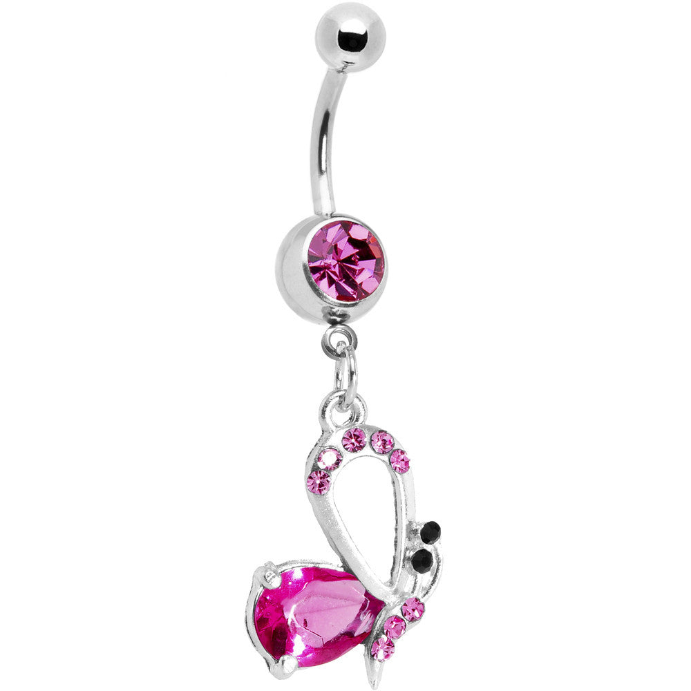 Pink Gem Side Winder Butterfly Dangle Belly Ring