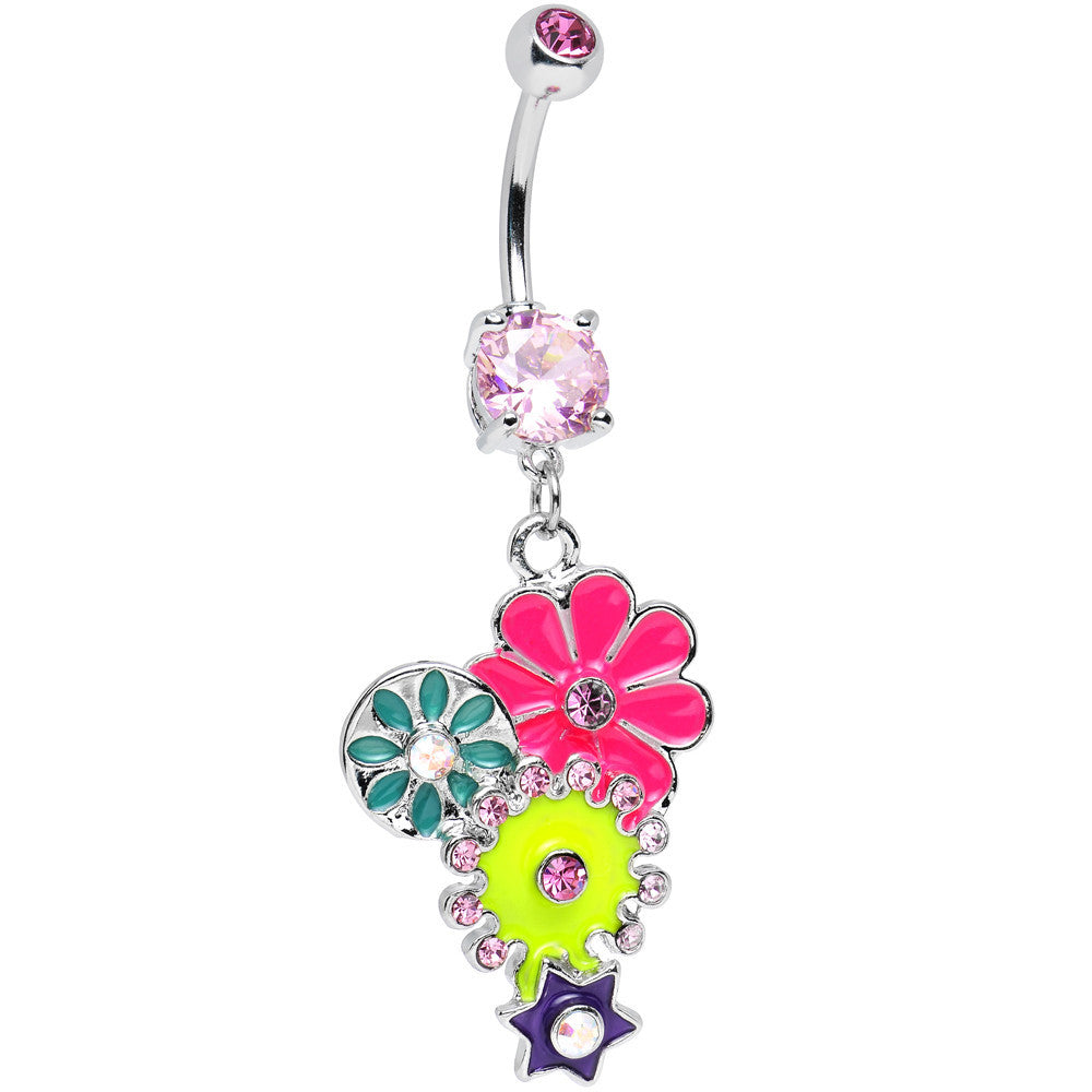 Pink Gem Bunches Of Blossoms Colorful Flowers Dangle Belly Ring