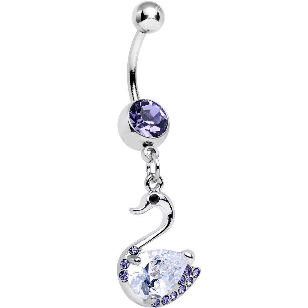 Tanzanite And Clear Cubic Zirconia Elegant Swan Dangle Belly Ring