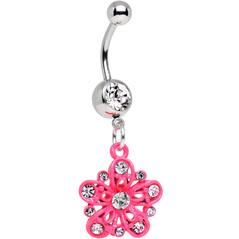 Clear Gem Perfectly Pink Posy Flower Dangle Belly Ring