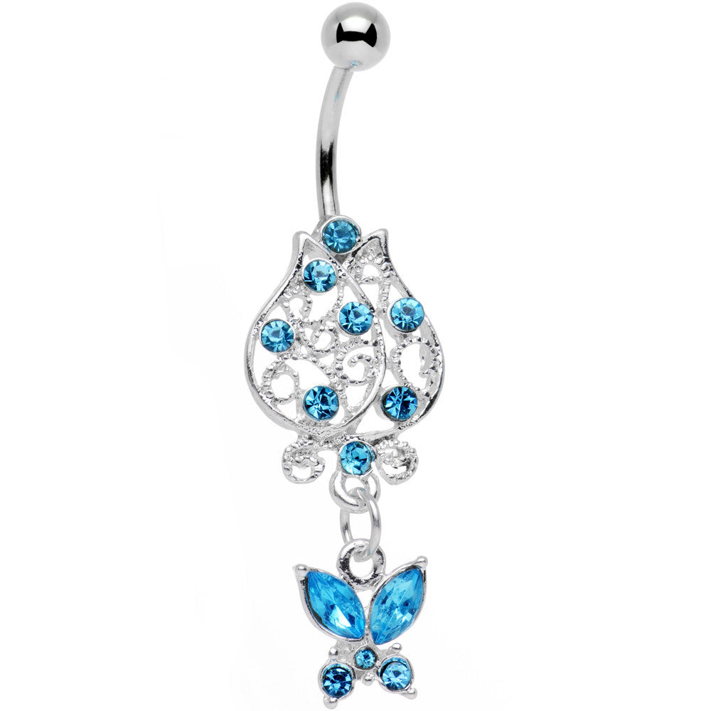 Aqua Gem Framework Flower Butterfly Dangle Belly Ring 