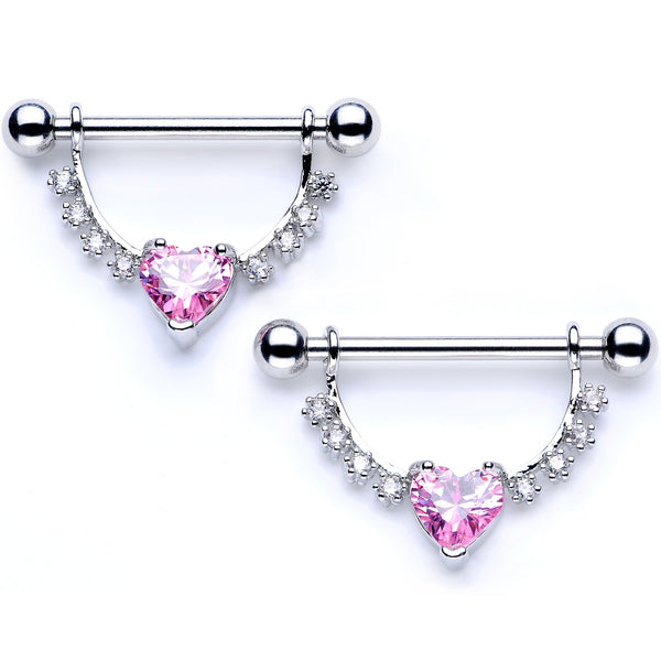 Heart Pink CZ Nipple Ring Barbell Shield