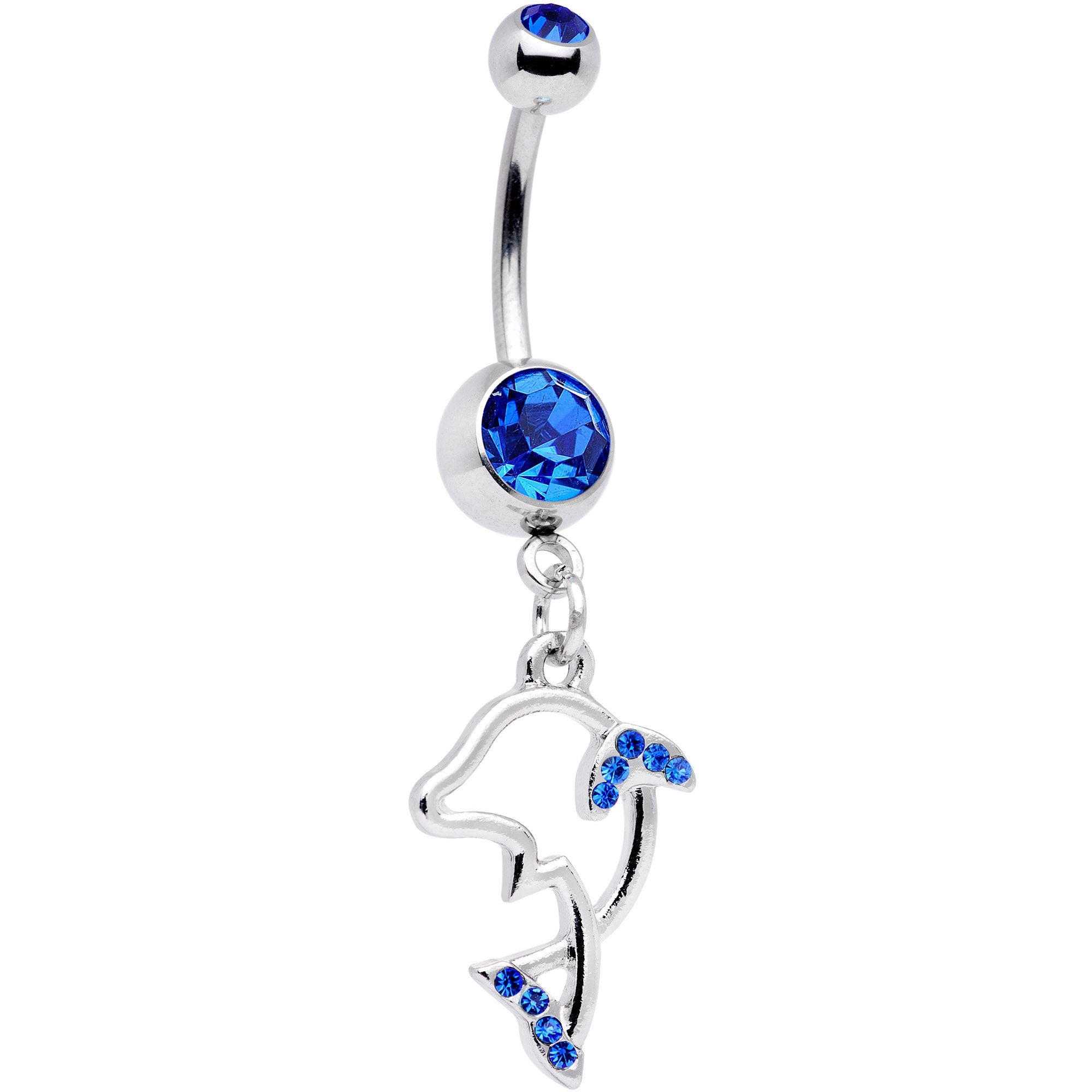 Deep Blue Gem Hollow Dolphin Dangle Belly Ring