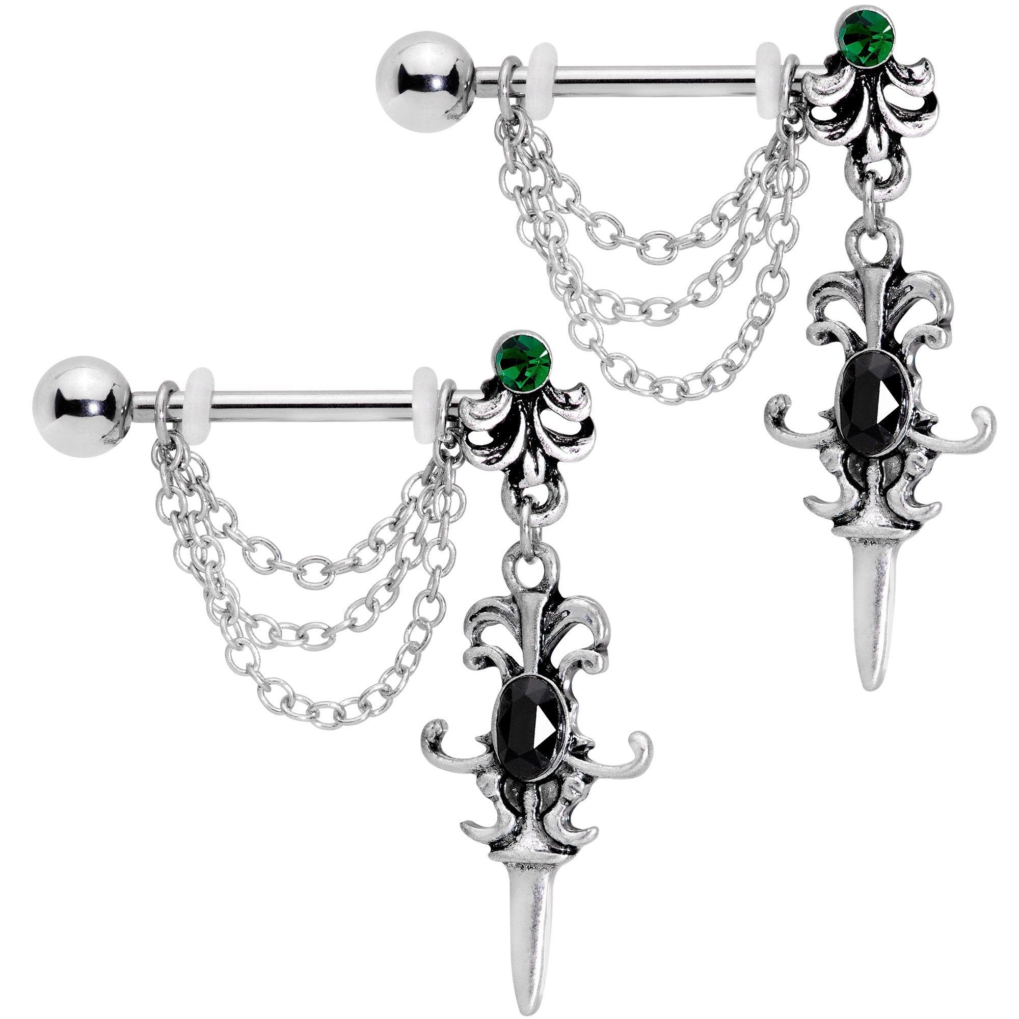 14 Gauge 9/16Black Green Gem Chain Sword Barbell Nipple Ring Set