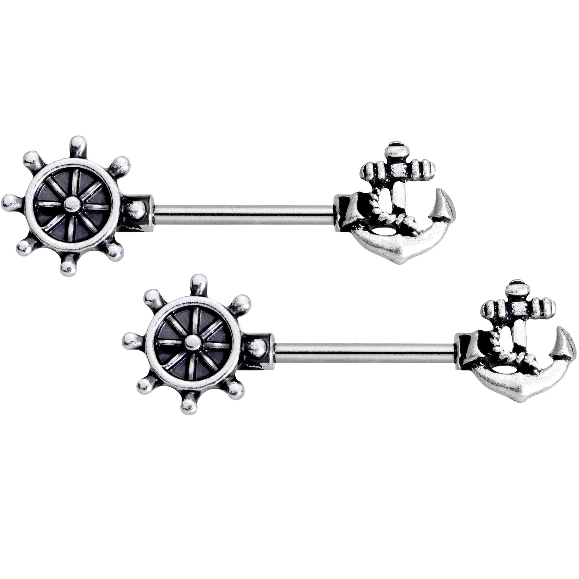 14 Gauge 9/16 Wheel and Anchor Nautical Barbell Nipple Ring Set