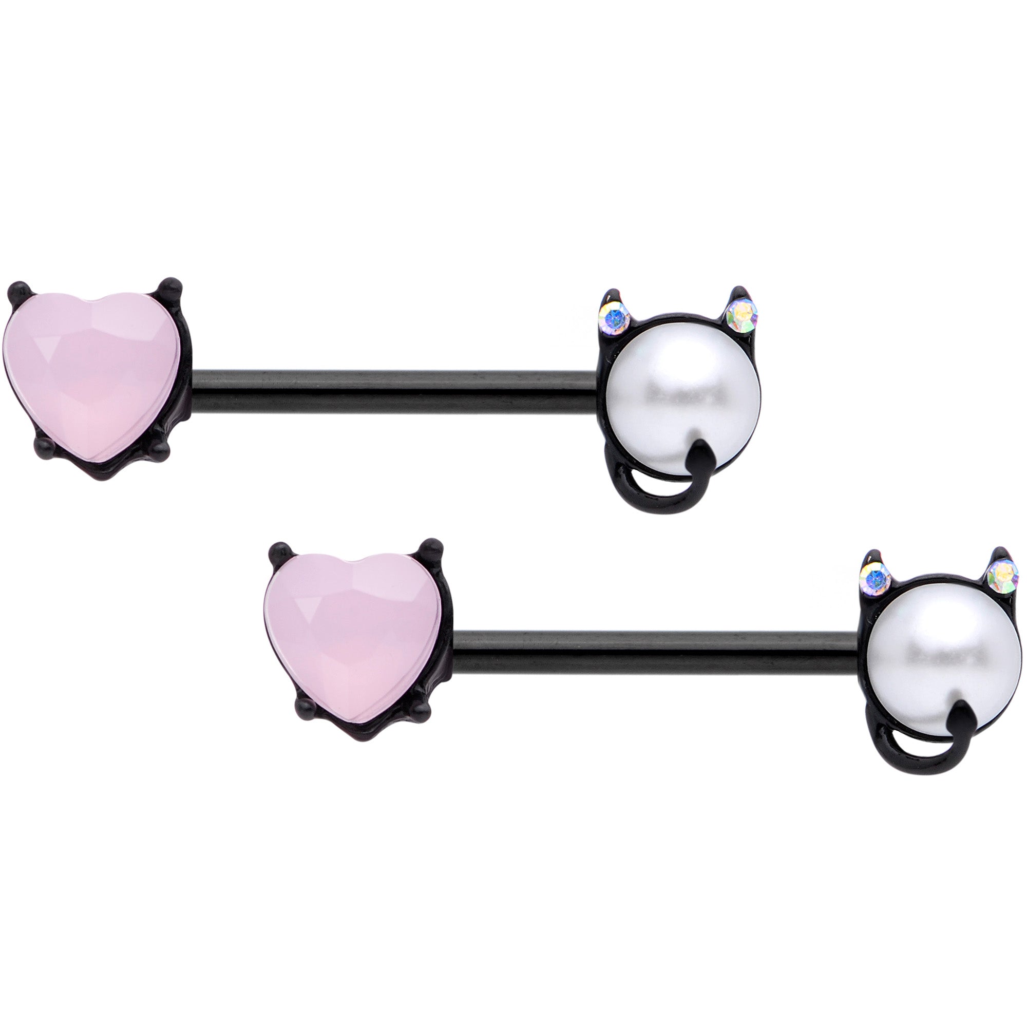 14 Gauge 9/16 Pink Gem Black Devil Heart Love Barbell Nipple Ring Set