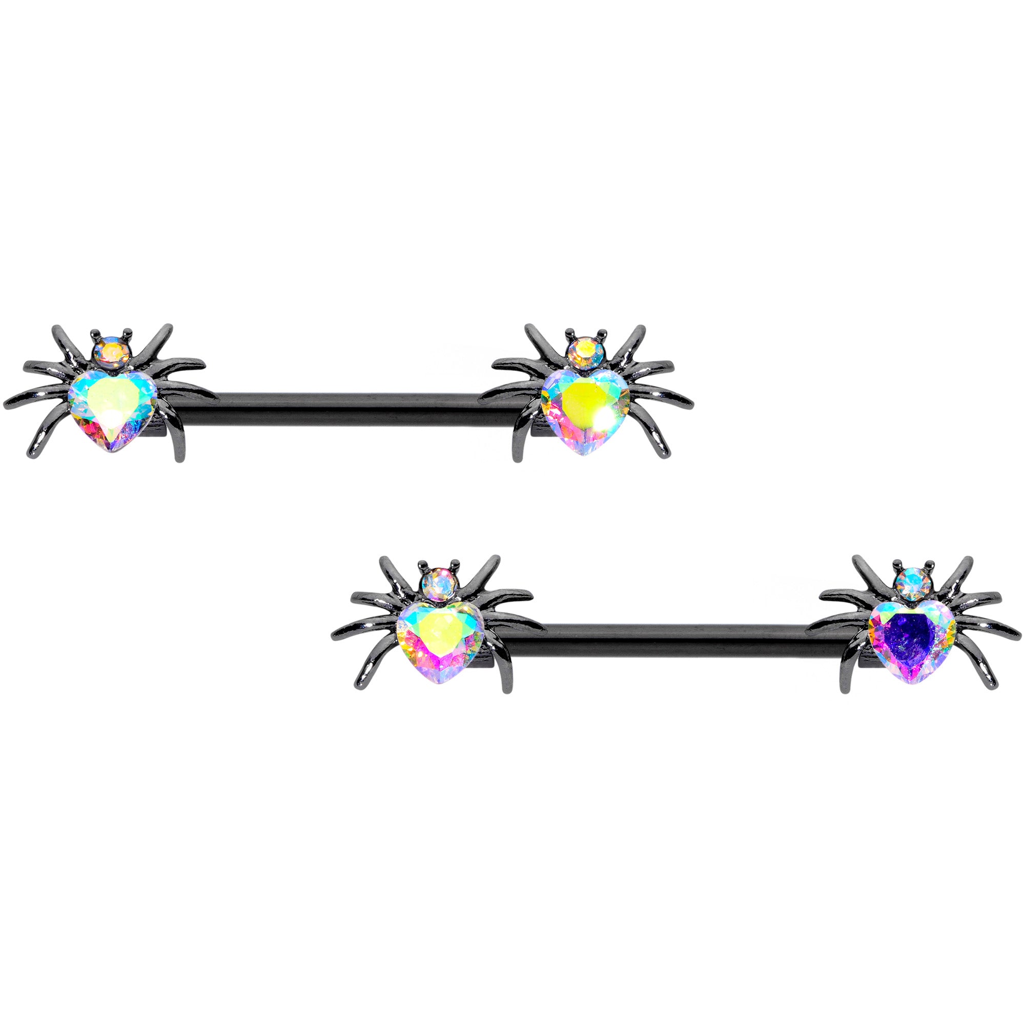 14 Gauge 5/8 Aurora Gem Sexy Heart Spider Barbell Nipple Ring Set