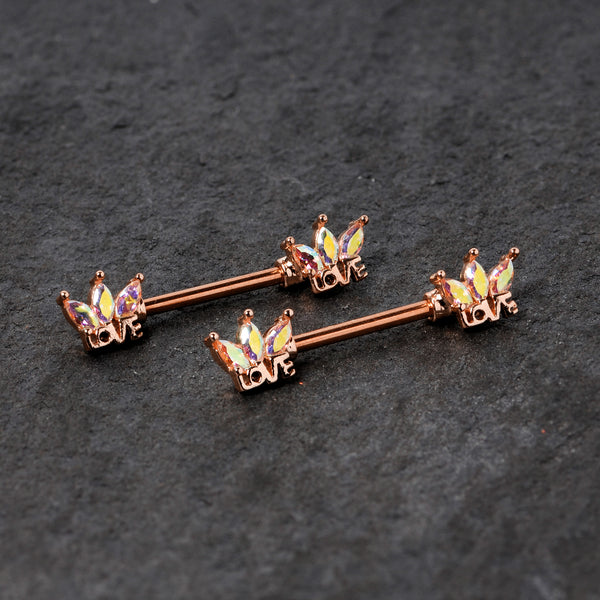 14 Gauge 9/16 Aurora CZ Gem Rose Gold Tone Barbell Nipple Ring Set