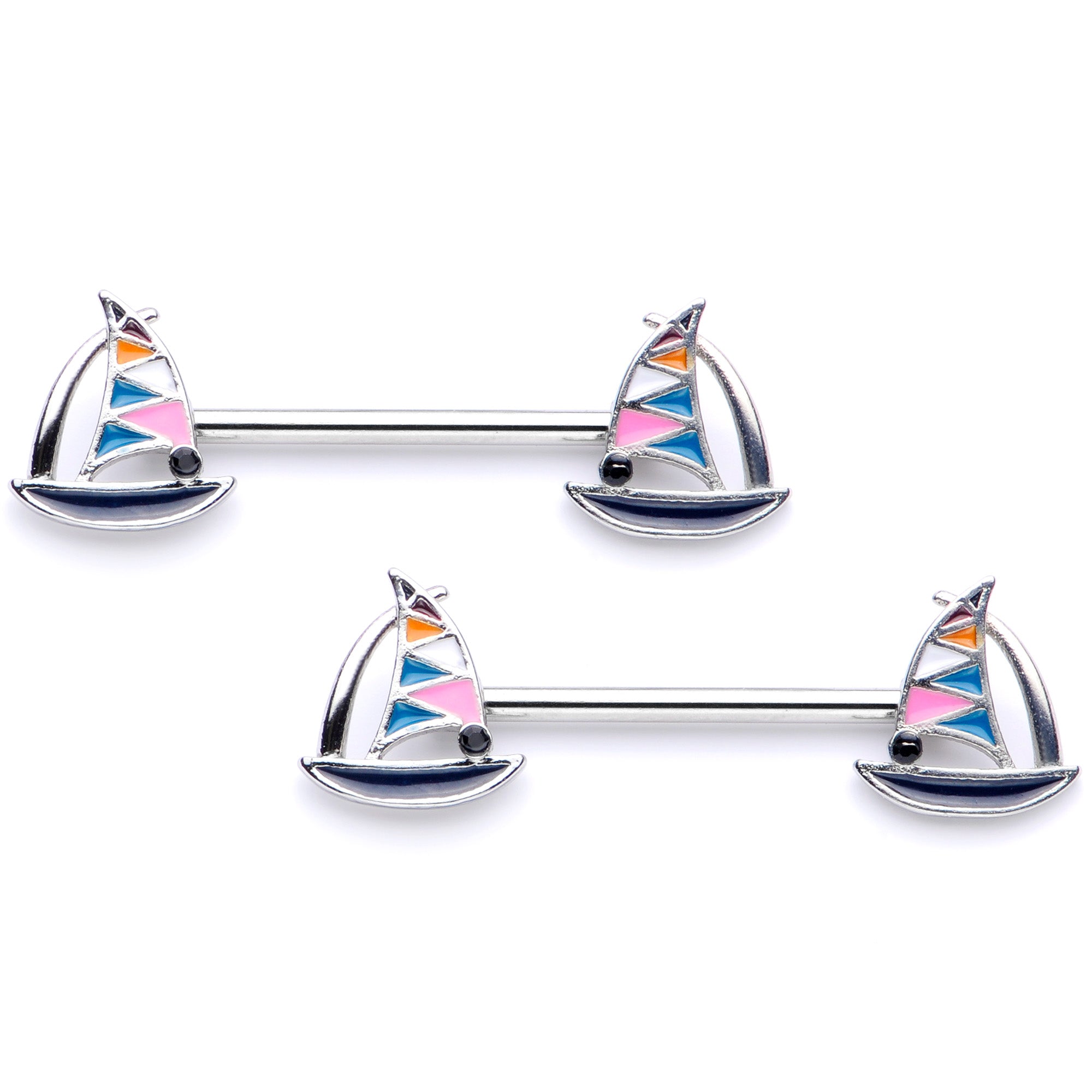 14 Gauge 9/16 Black Gem Teal Nautical Sailboat Barbell Nipple Ring Set