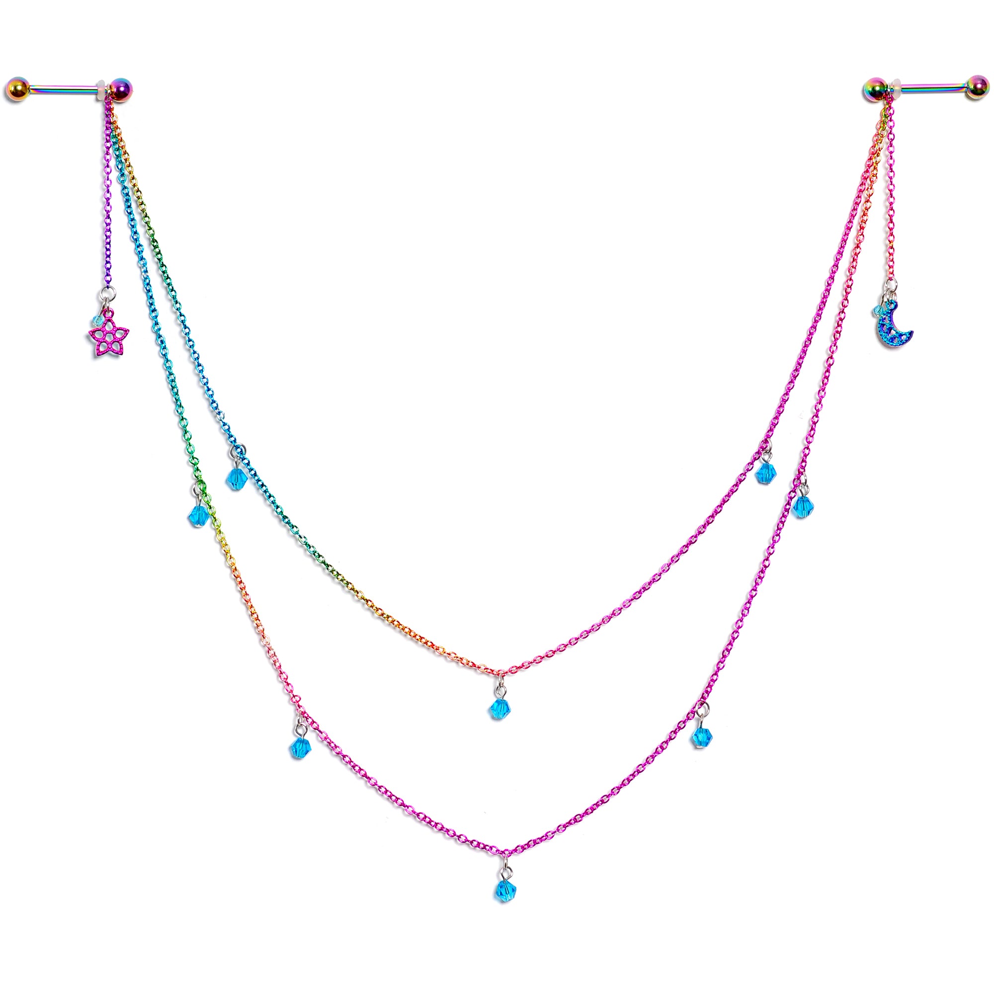 Blue Gem Rainbow Moon Star Double Dangle Nipple Chain