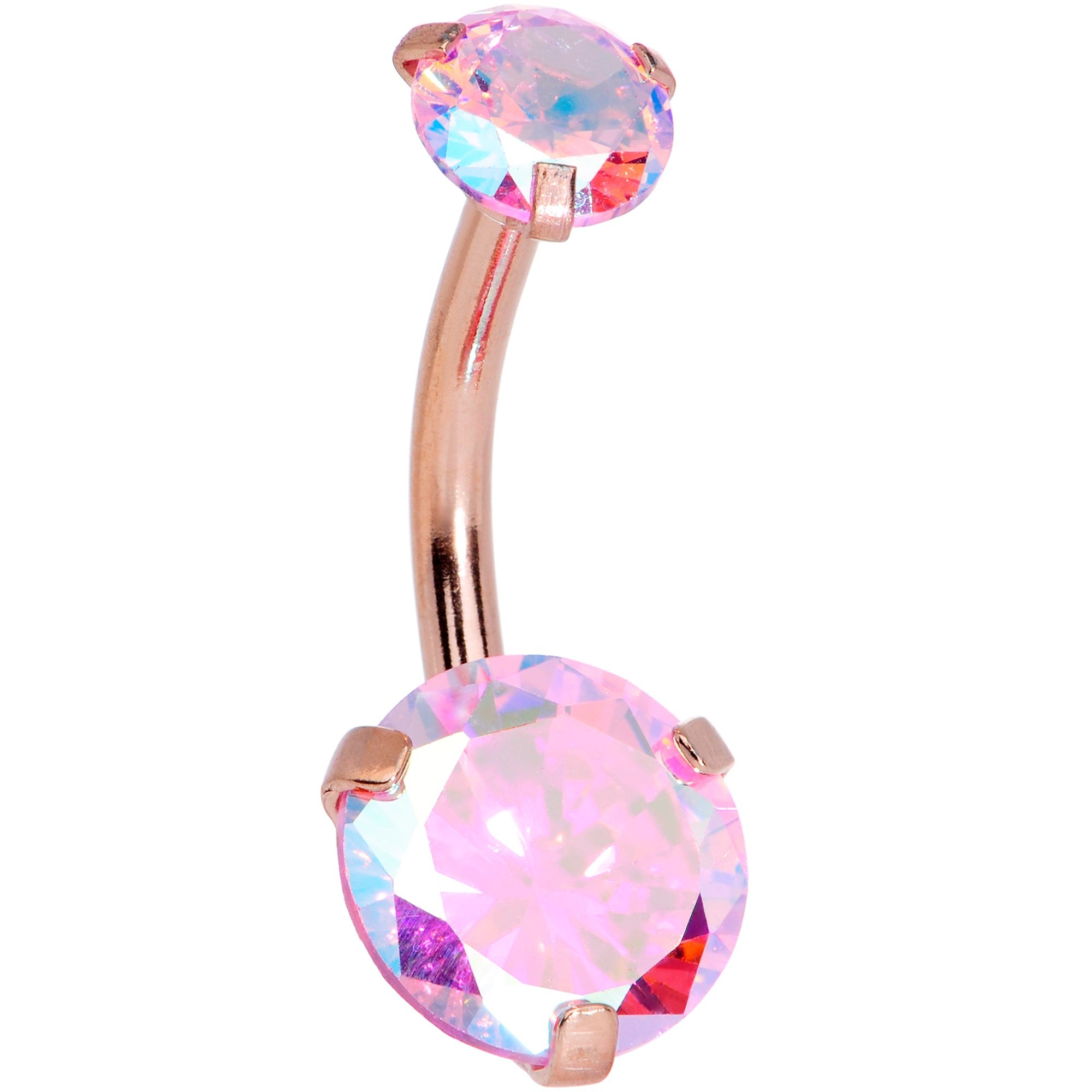 14k Solid ROSE GOLD Double Stone Internally store Threaded Belly ring with Clear cz's