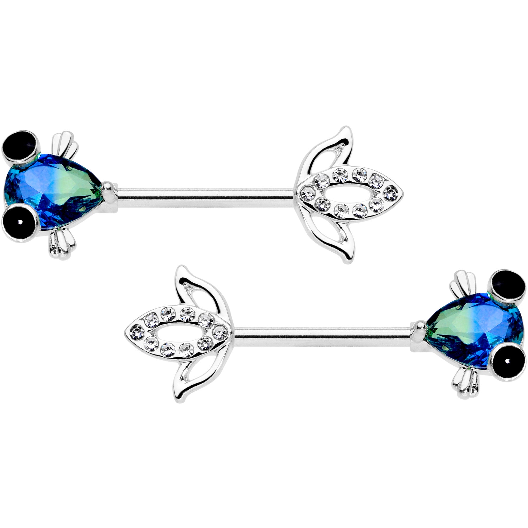 14 Gauge 9/16 Clear Purple Gem Sweet Fish Barbell Nipple Ring Set