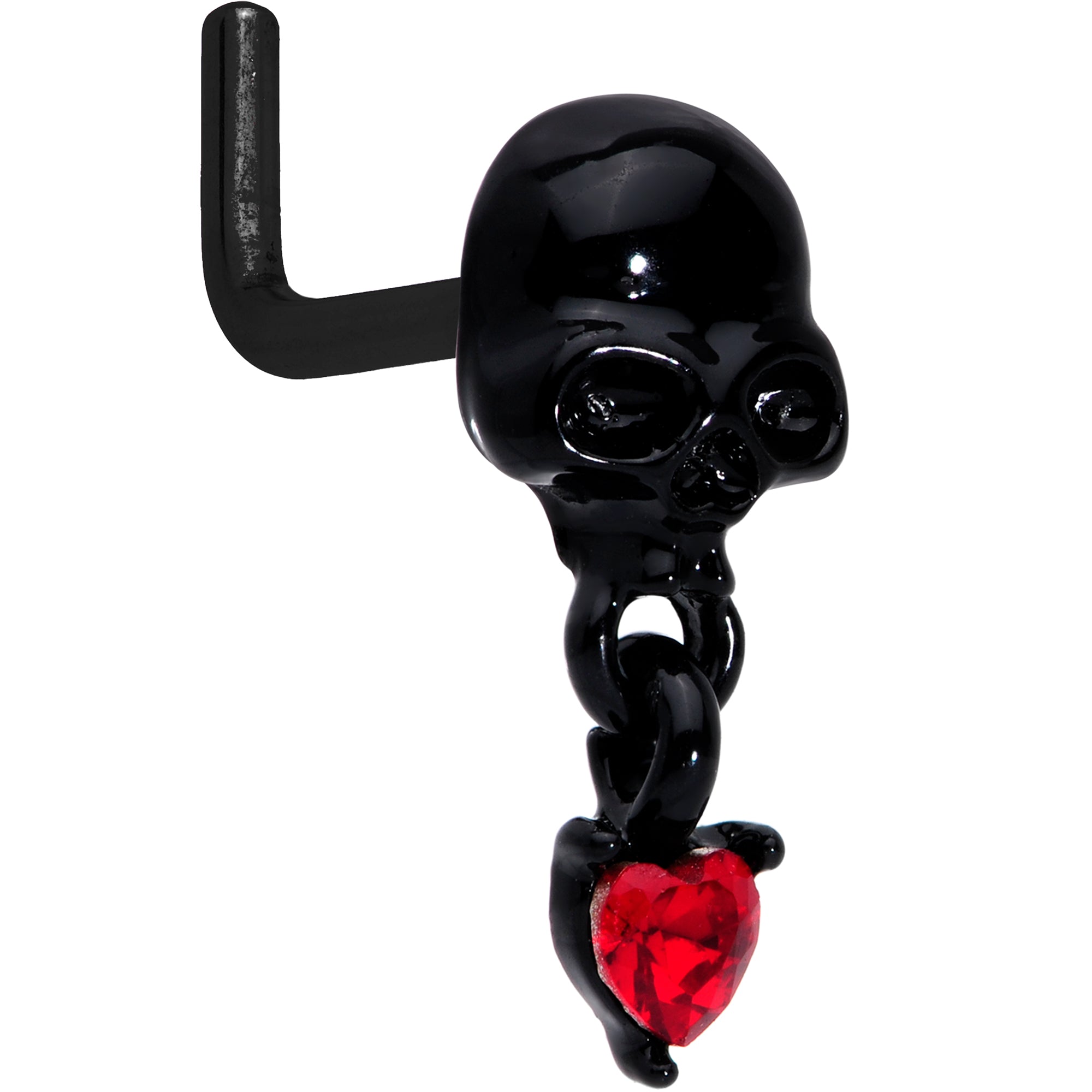 18 Gauge 1/4 Red CZ Gem Heart Black Skull Halloween L Shape Nose Ring