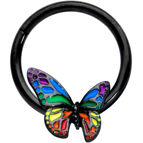 16 Gauge 3/8 Black Rainbow Pride Butterfly Hinged Segment Ring