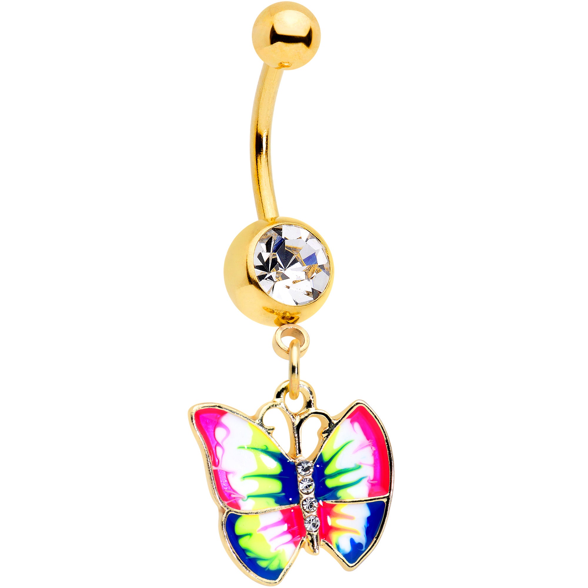 Clear Gem Gold Tone Bright Rainbow Butterfly Dangle Belly Ring 7235