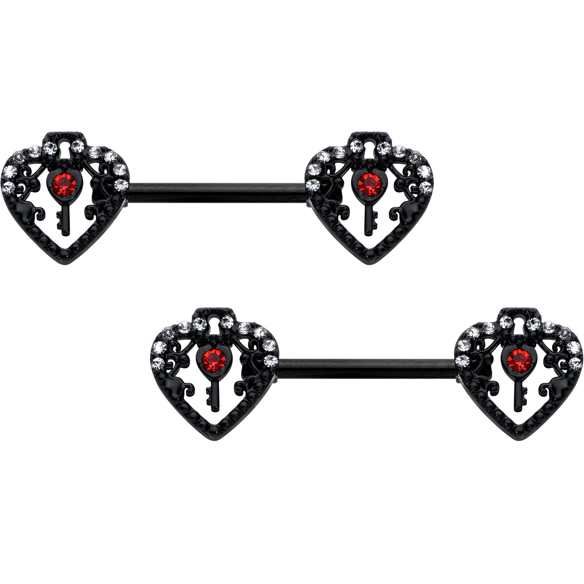 14 Gauge 9/16 Red Clear Gem Black Key Heart Barbell Nipple Ring Set