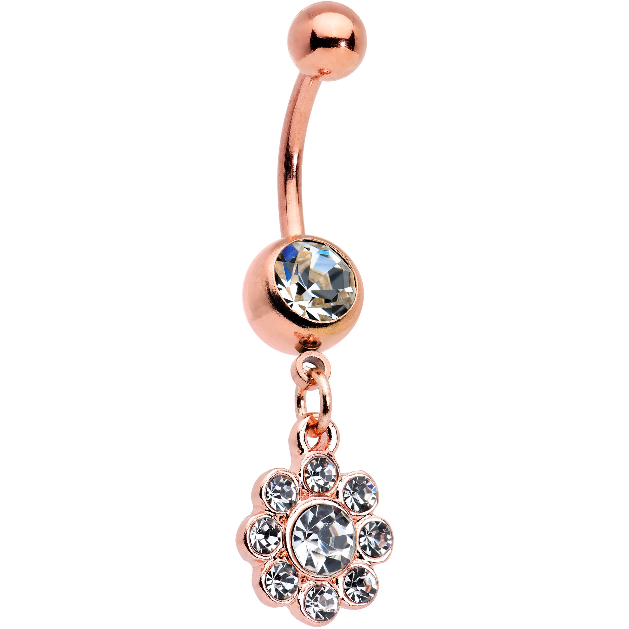 Clear Gem Rose Gold Tone Whimsy Flower Dangle Belly Ring