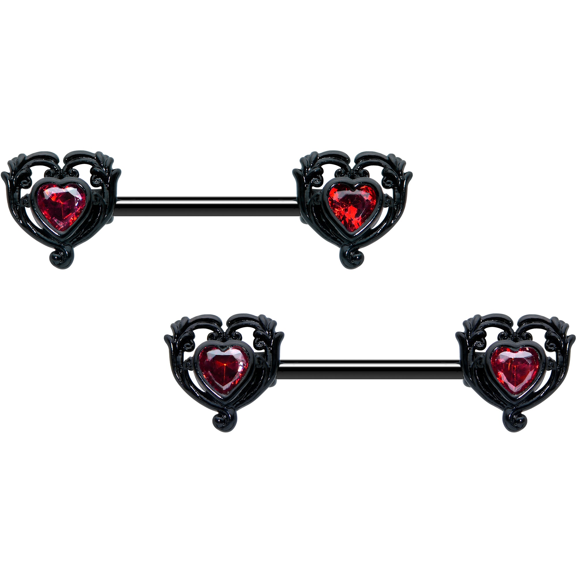 14 Gauge 9/16 Red CZ Gem Black Passion Heart Barbell Nipple Ring Set
