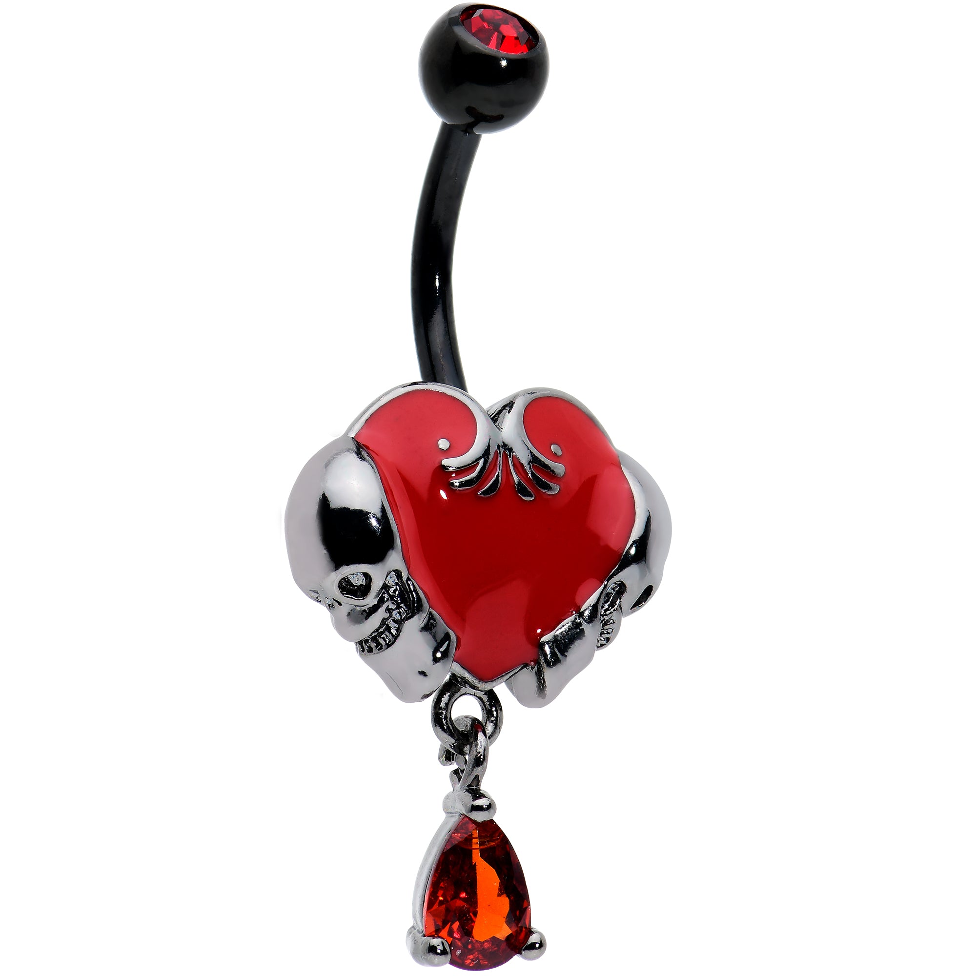 Red Cz Gem Black Double Skull Heart Dangle Belly Ring