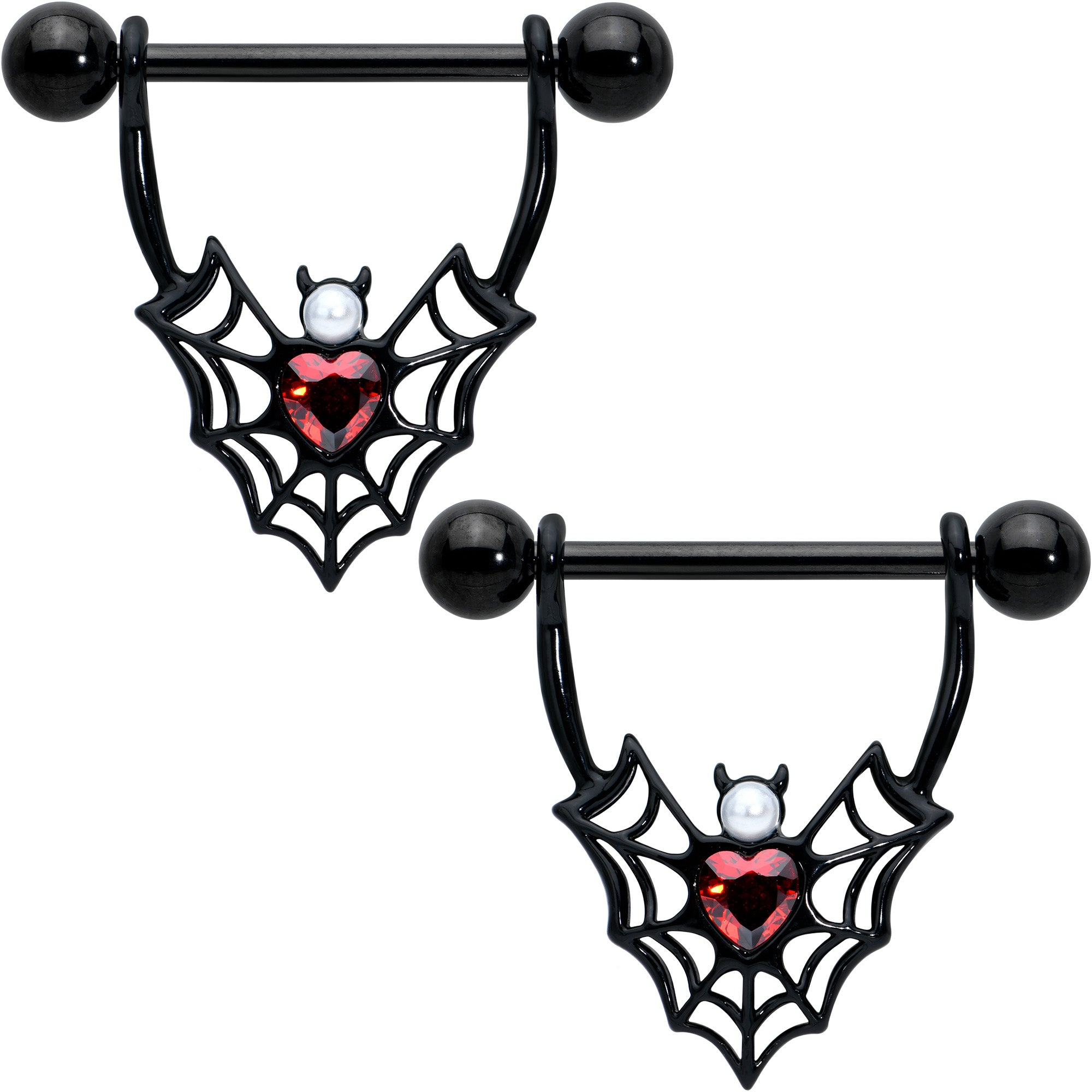 14 Gauge 11/16 Red Gem Black Gothic Bat Heart Nipple Shield Set