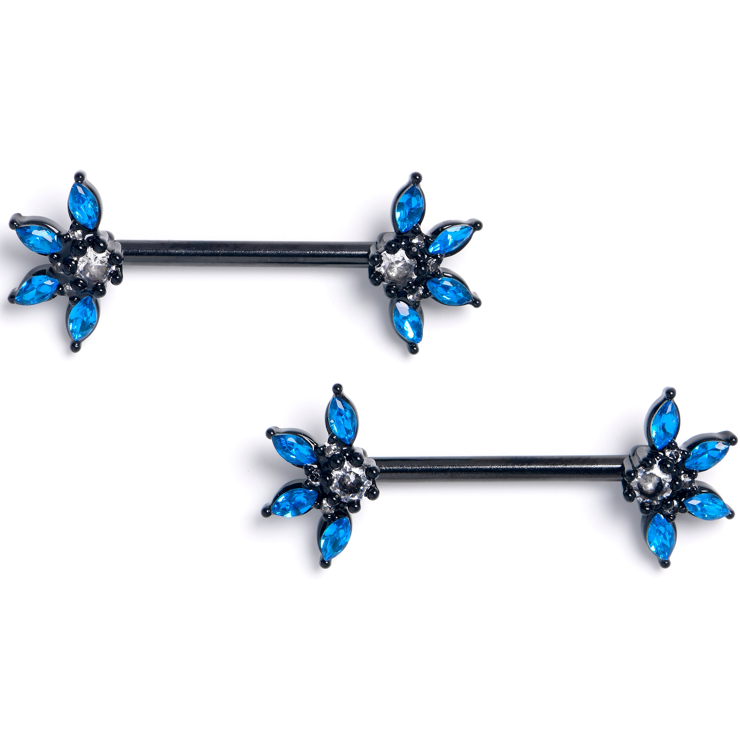 14 Gauge 9/16 Blue Clear Gem Black Goth Flower Barbell Nipple Ring Set
