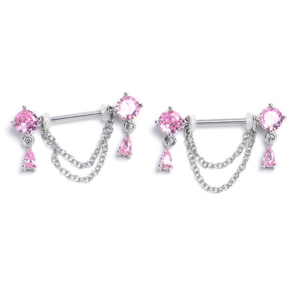 14 Gauge 9/16 Pink Gem Double Drama Dangle Nipple Piercing Rings