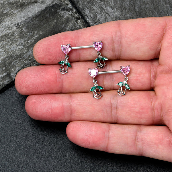 14 Gauge 9/16 Pink Gem Double Drama Dangle Nipple Piercing Rings