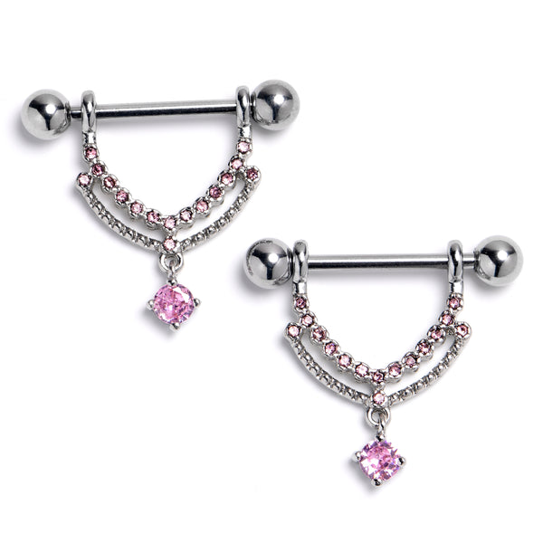 14 Gauge 9/16 Pink Gem Double Drama Dangle Nipple Piercing Rings