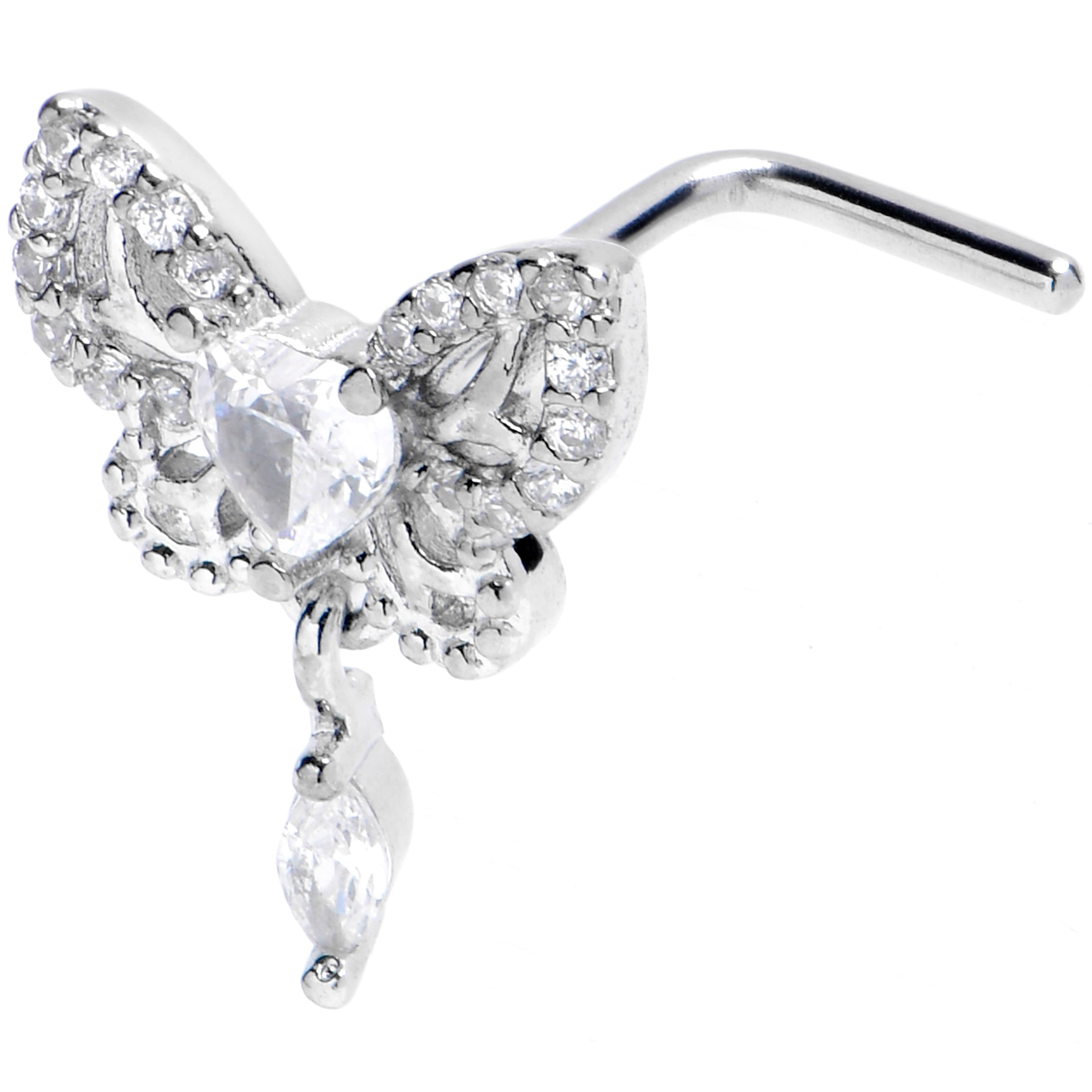 20 Gauge 1/4 Clear CZ Gem Whimsical Butterfly Dangle L Shape Nose Ring