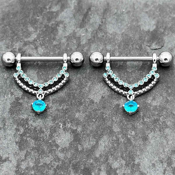 14 Gauge 9/16 Teal Gem Blue Anodized Barbell Nipple Ring Set