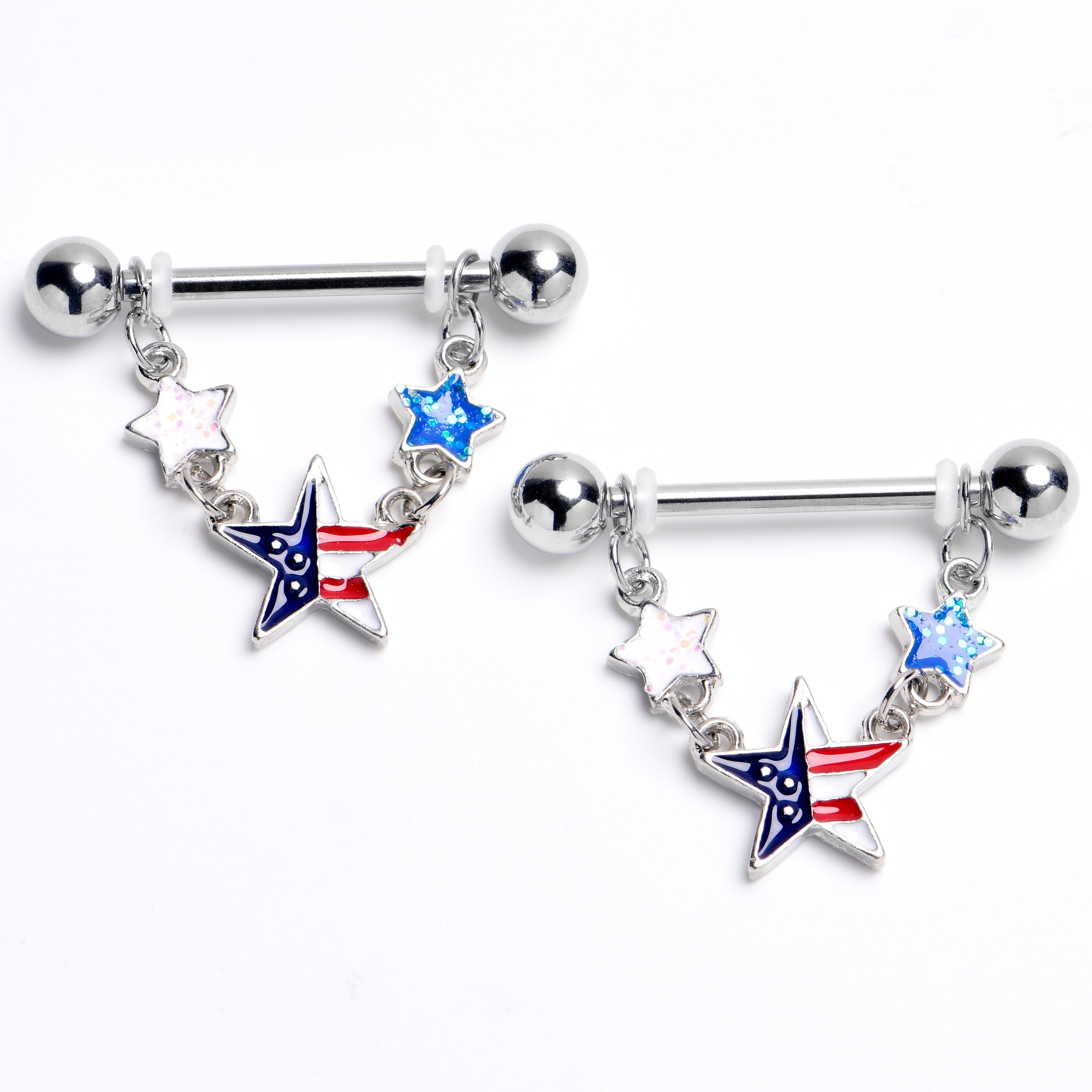 14 Gauge 9/16 Star Red White Blue Patriotic Dangle Nipple Ring Set