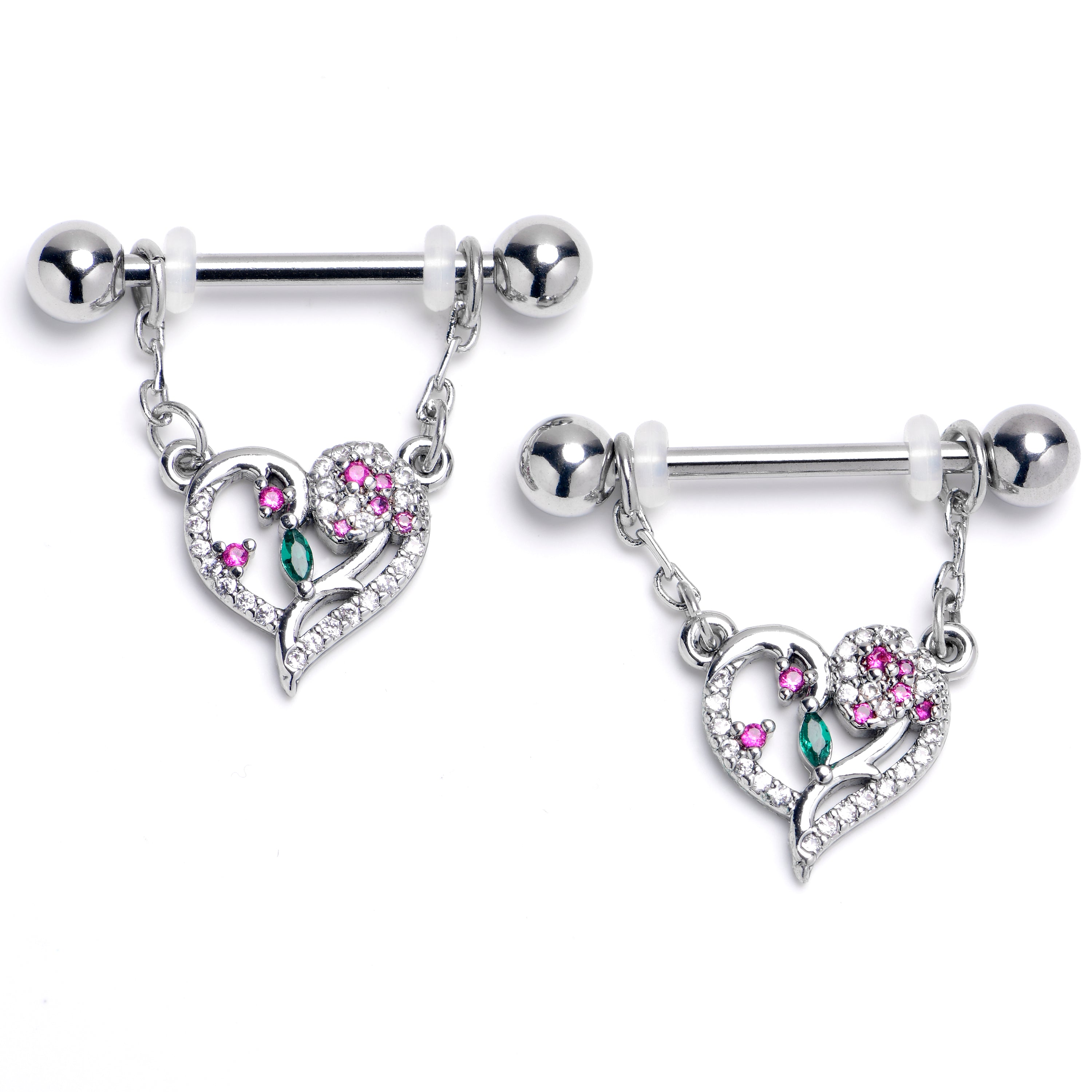 14 Gauge 9/16 Emerald Passion CZ Gem Heart Dangle Nipple Ring Set