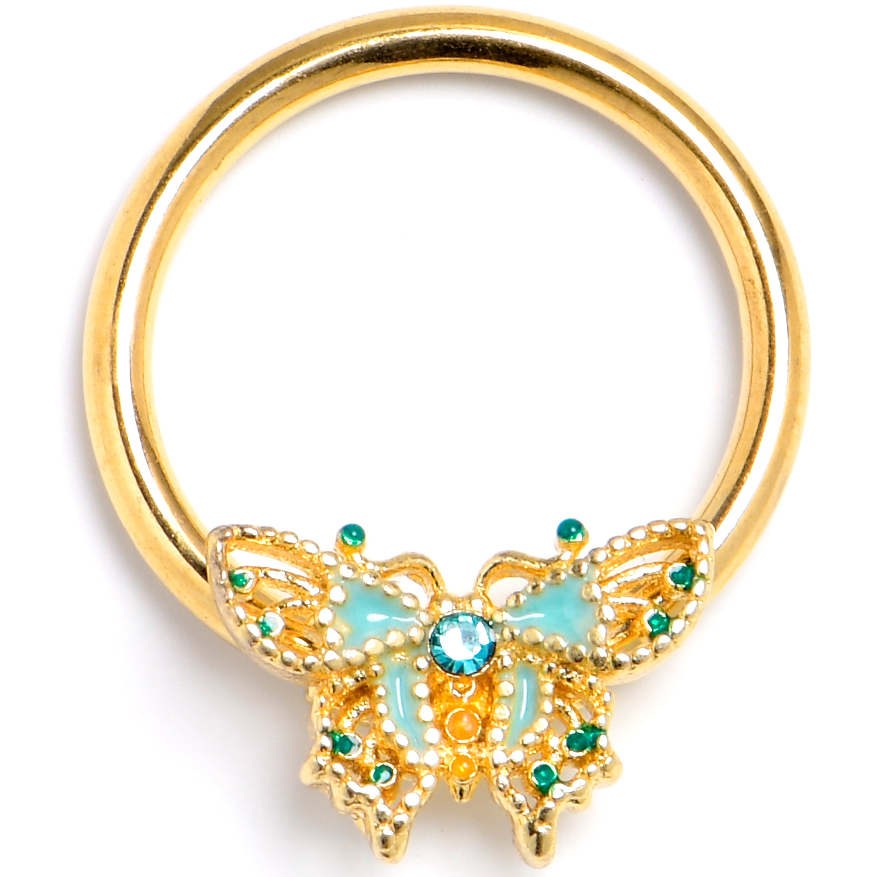16 Gauge 3/8 Blue Gem Gold Tone Rococo Butterfly BCR Captive Ring