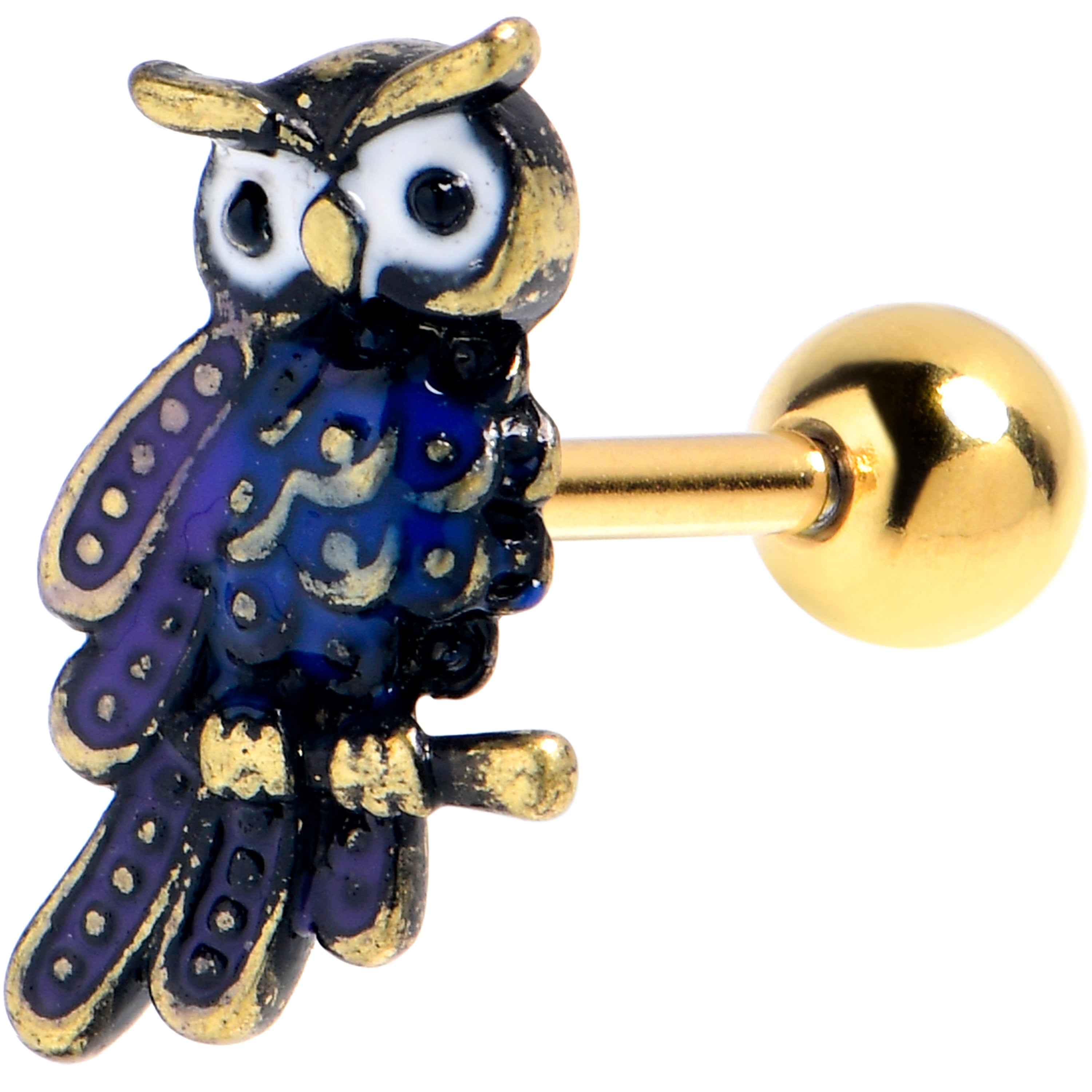 16 Gauge 1/4 Gold Tone Regal Owl Blue Cartilage Tragus Earring