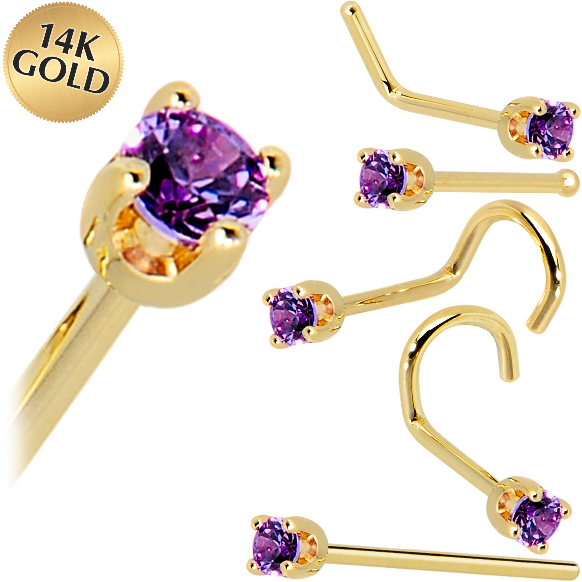 Solid 14KT Yellow Gold 2mm Amethyst Cubic Zirconia Nose Ring