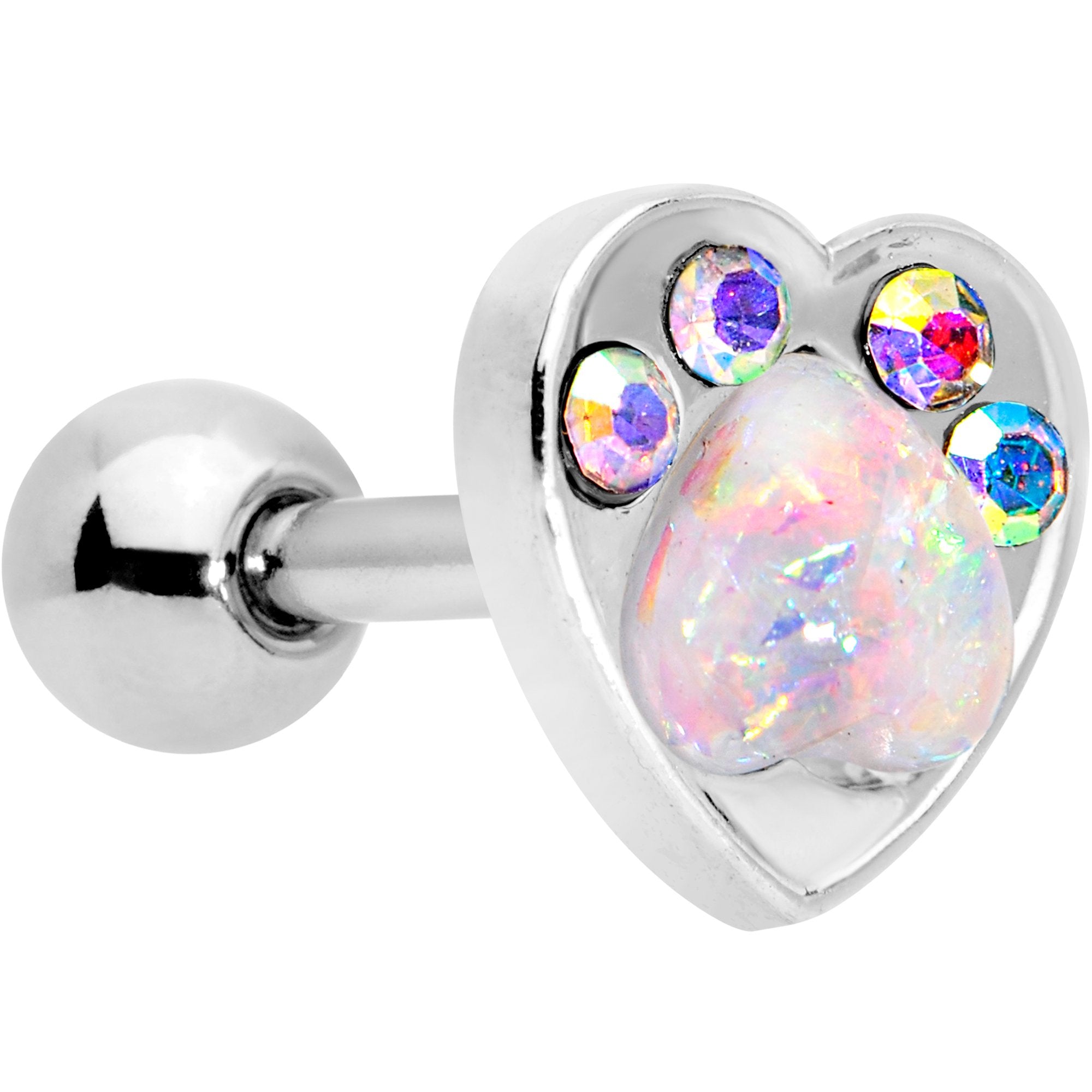 16 Gauge 1 4 Pink Faux Opal Paw Print Heart Cartilage Tragus Earring