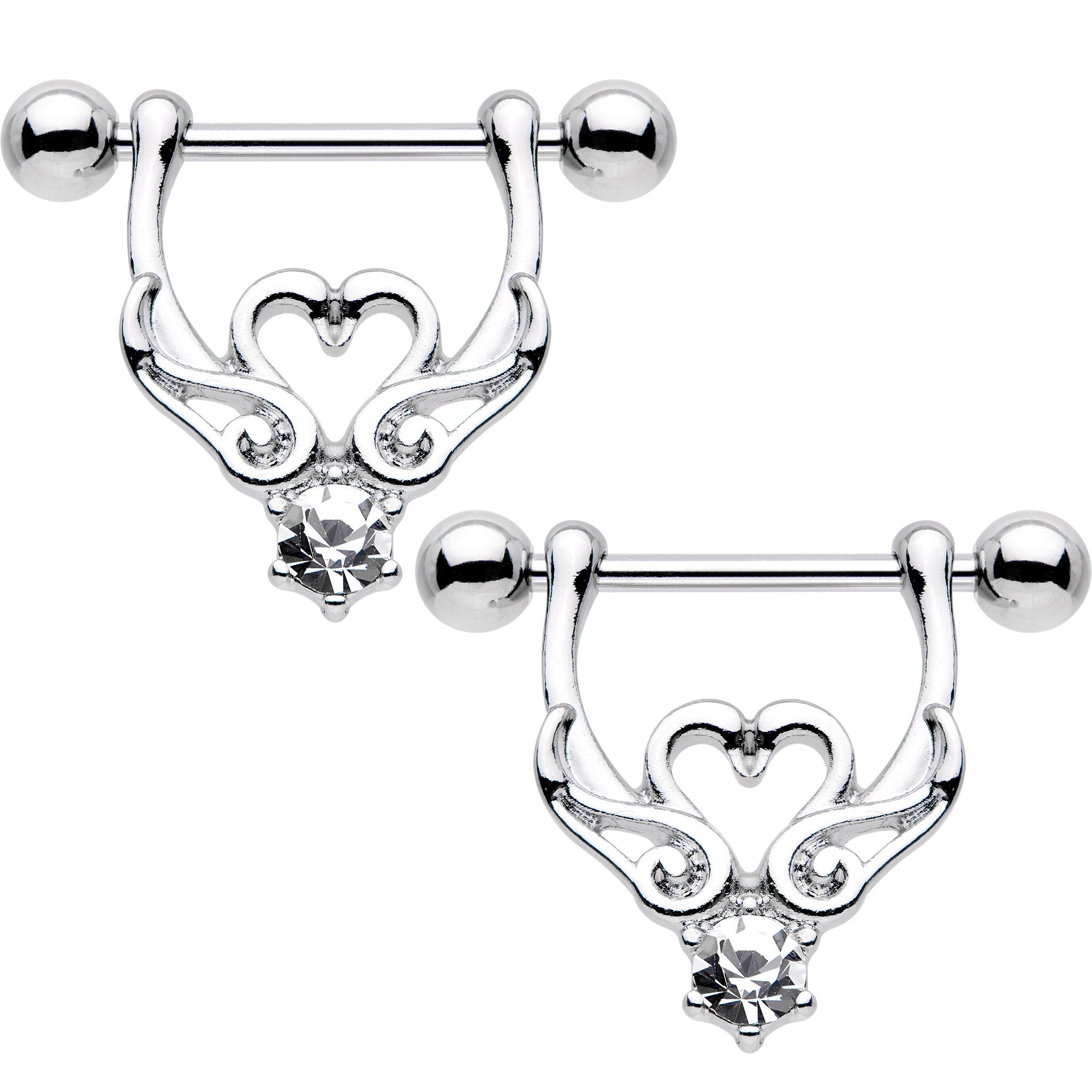 9/16 Clear Gem Kissing Swans Heart Dangle Nipple Shield Set