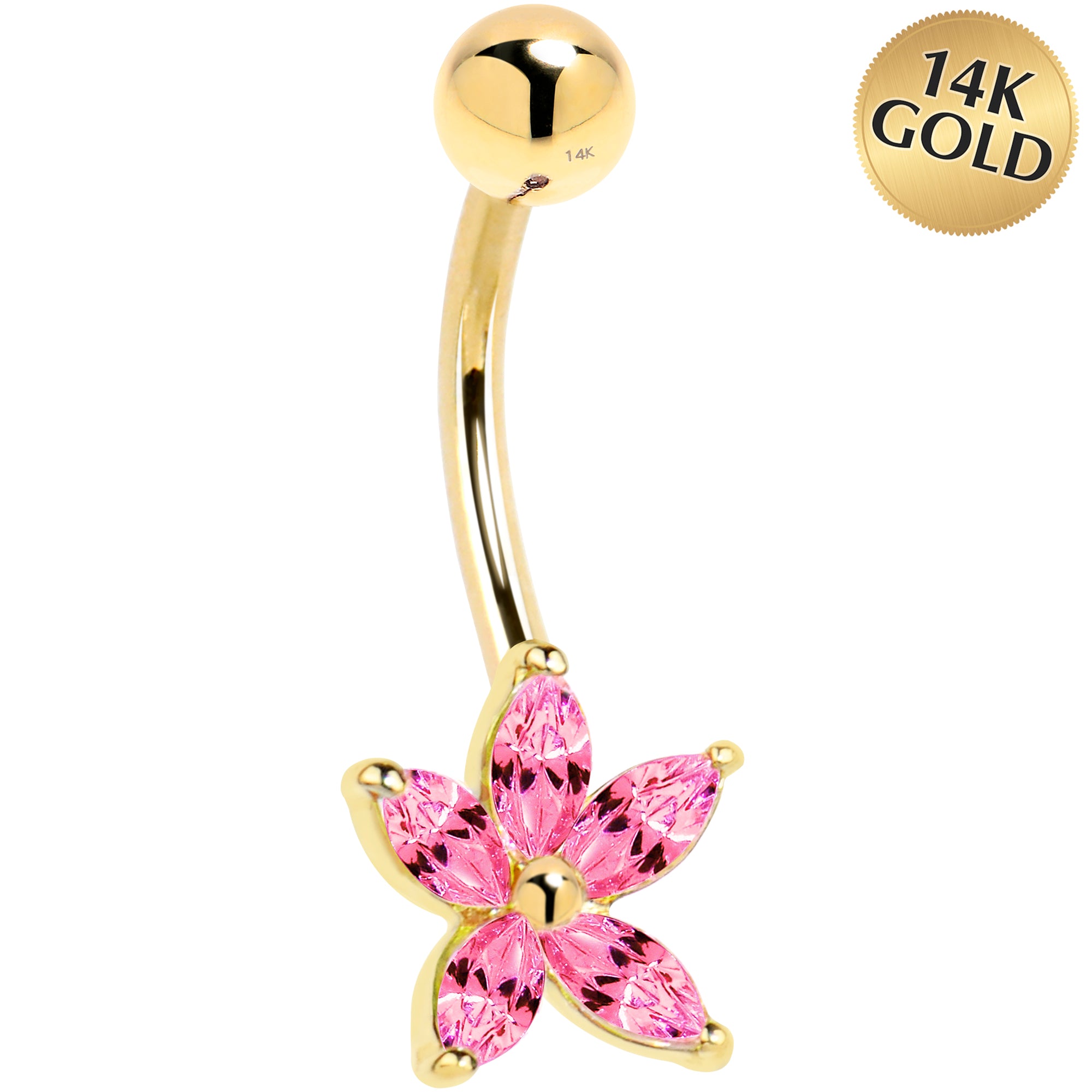 16 Gauge Solid 14kt Yellow Gold Pink Cubic Zirconia Lily Belly Ring