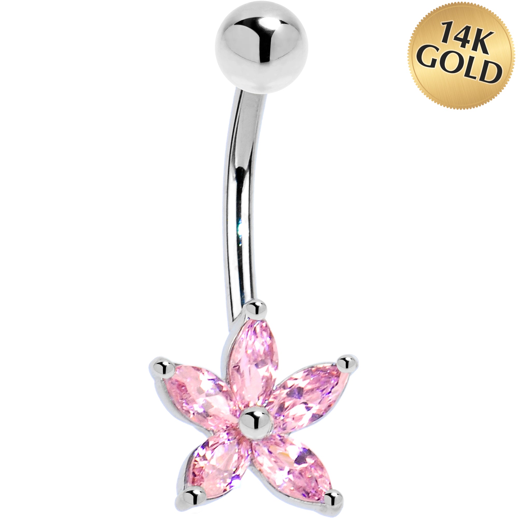 16 Gauge Solid 14kt White Gold Pink Cubic Zirconia Lily Belly Ring