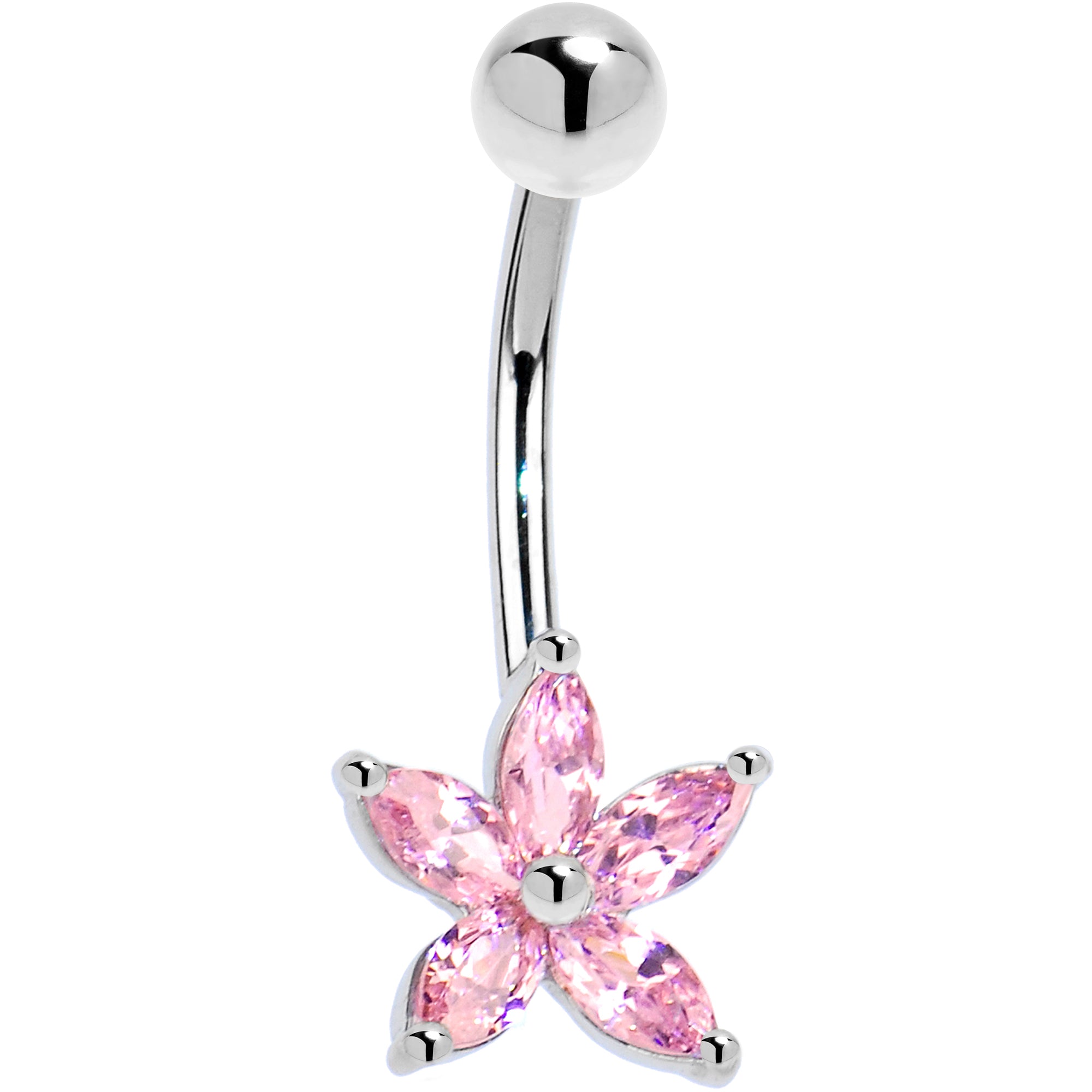 16 Gauge Solid 14kt White Gold Pink Cubic Zirconia Lily Belly Ring