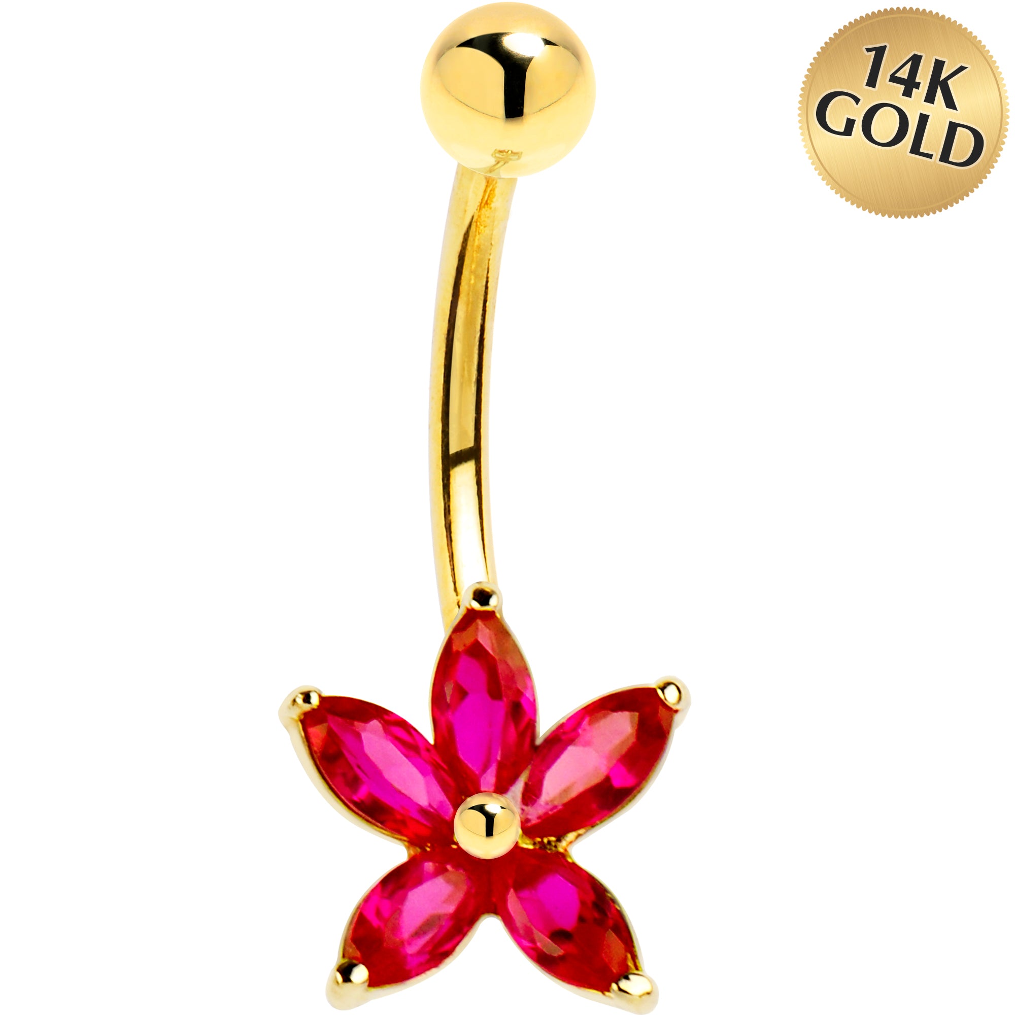 16 Gauge Solid 14kt Yellow Gold Ruby Cubic Zirconia Lily Belly Ring