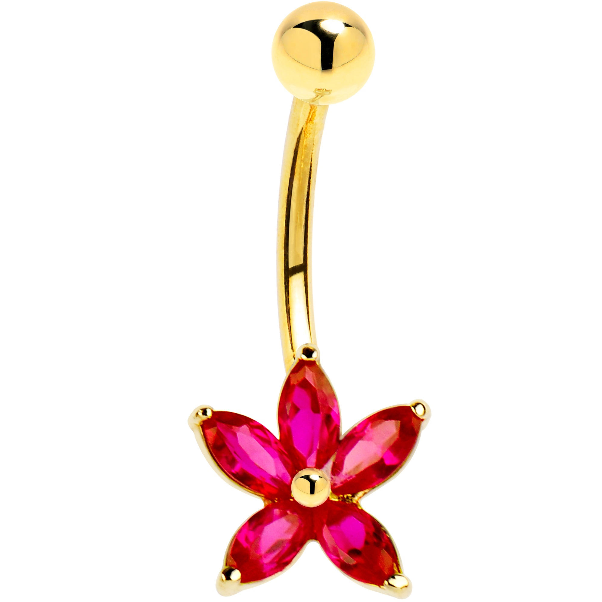 16 Gauge Solid 14kt Yellow Gold Ruby Cubic Zirconia Lily Belly Ring