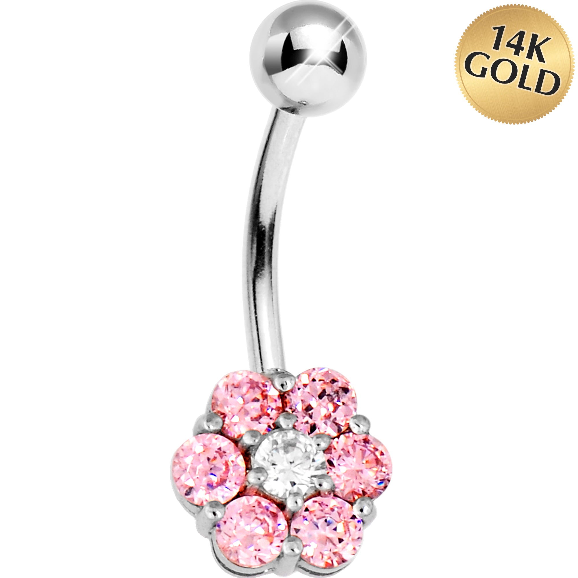 Solid 14kt White Gold Pink Cubic Zirconia Flower Belly Ring