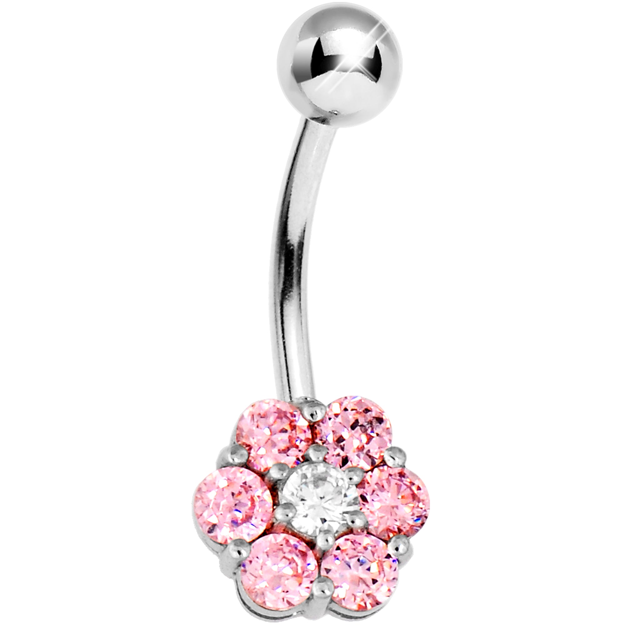 Solid 14kt White Gold Pink Cubic Zirconia Flower Belly Ring