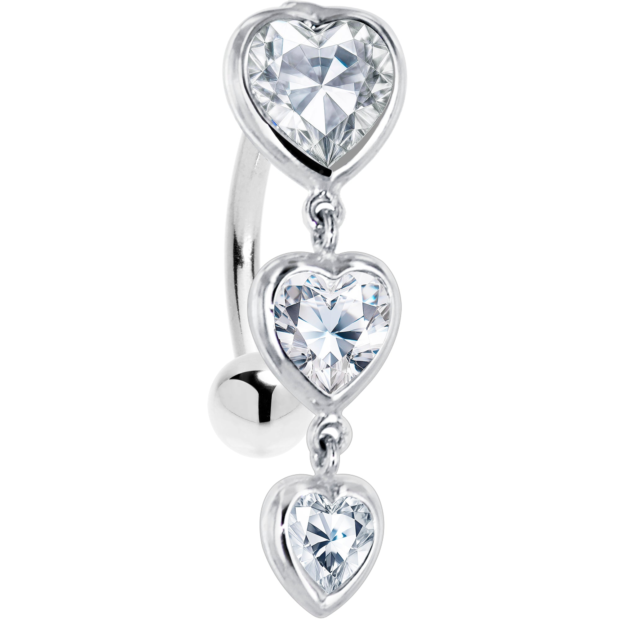 16 Gauge Solid 14kt White Gold Top Mount Cubic Zirconia Heart Trilogy Belly Ring