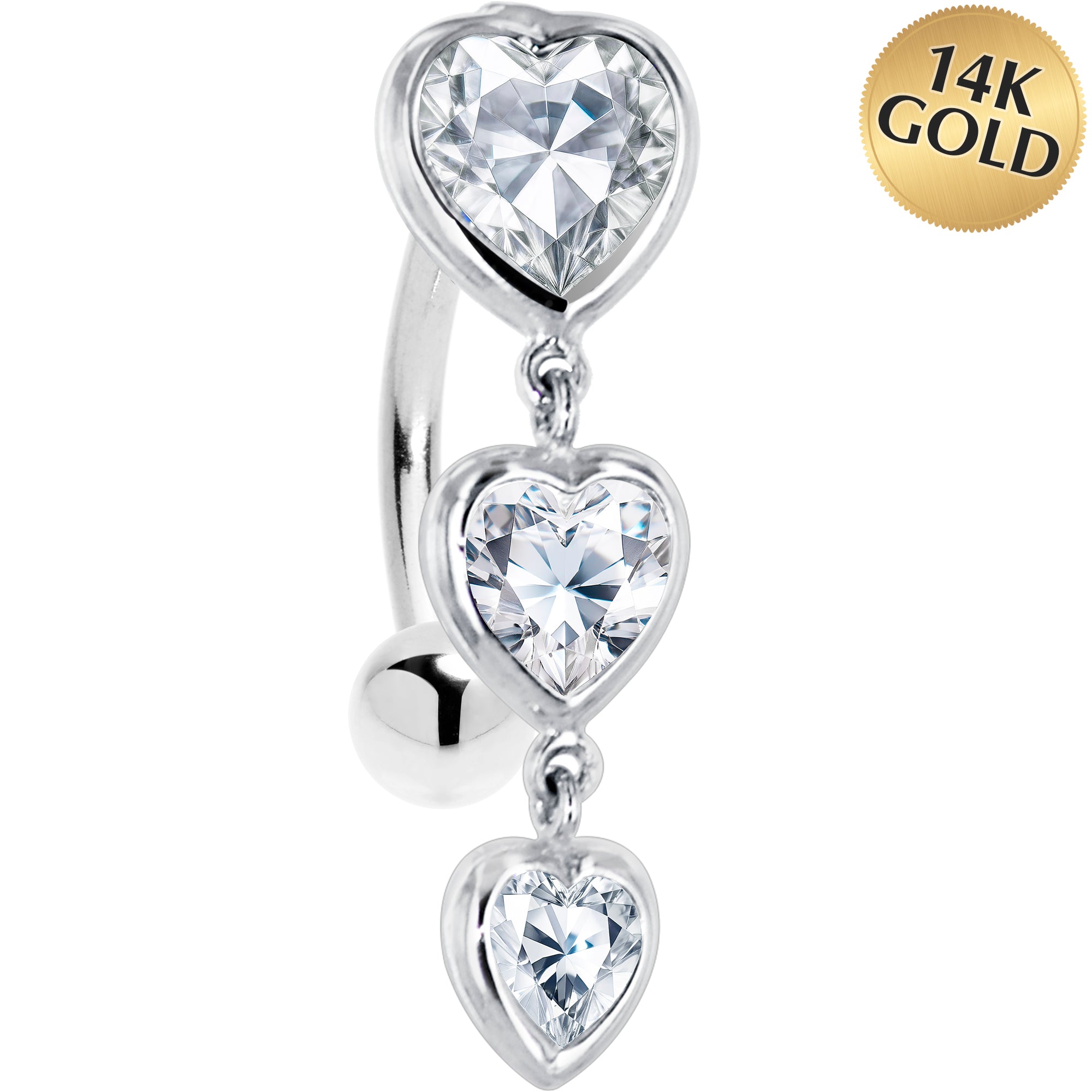 16 Gauge Solid 14kt White Gold Top Mount Cubic Zirconia Heart Trilogy Belly Ring