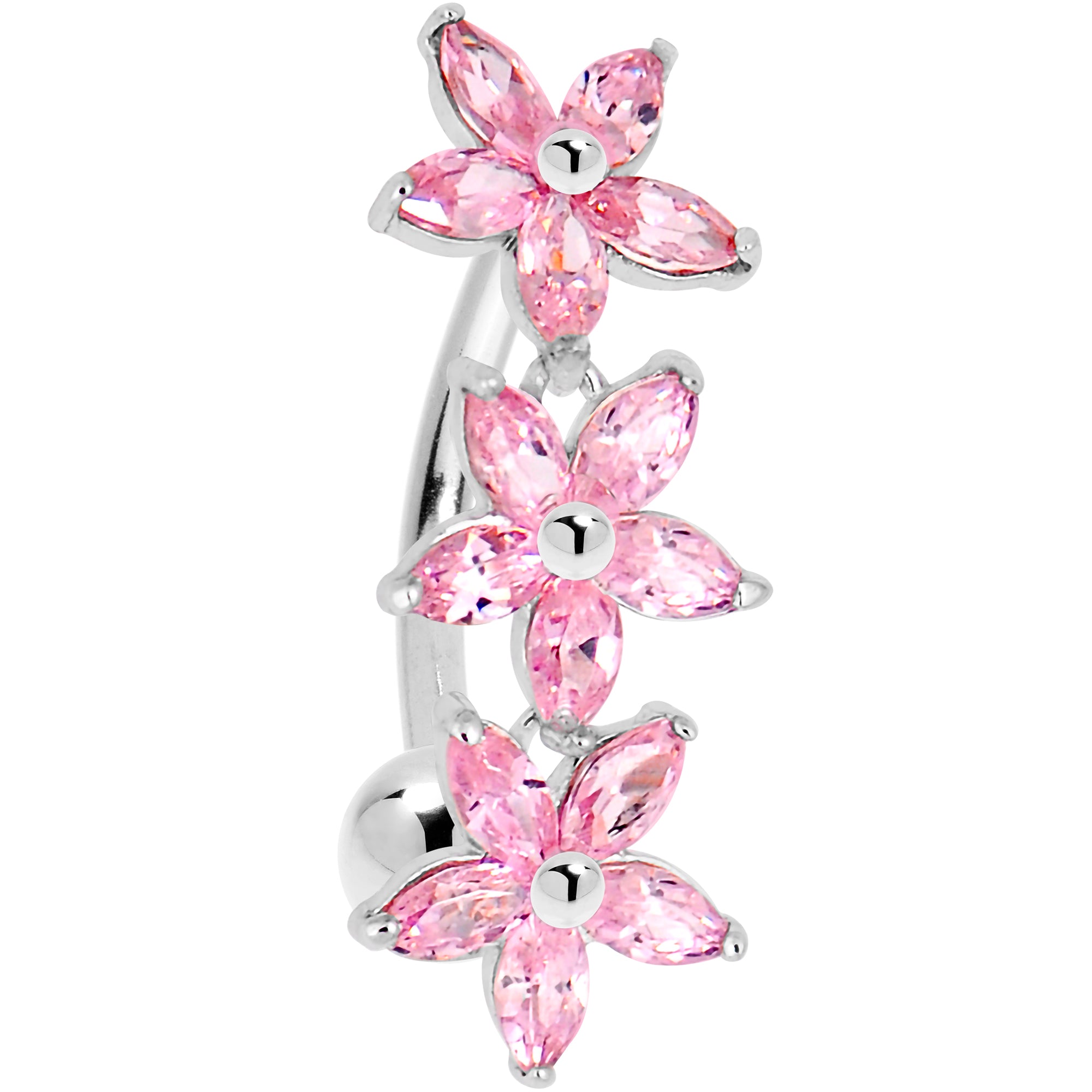 16 Gauge Solid 14kt White Gold Pink Reverse Cubic Zirconia Lily Drop Belly Ring