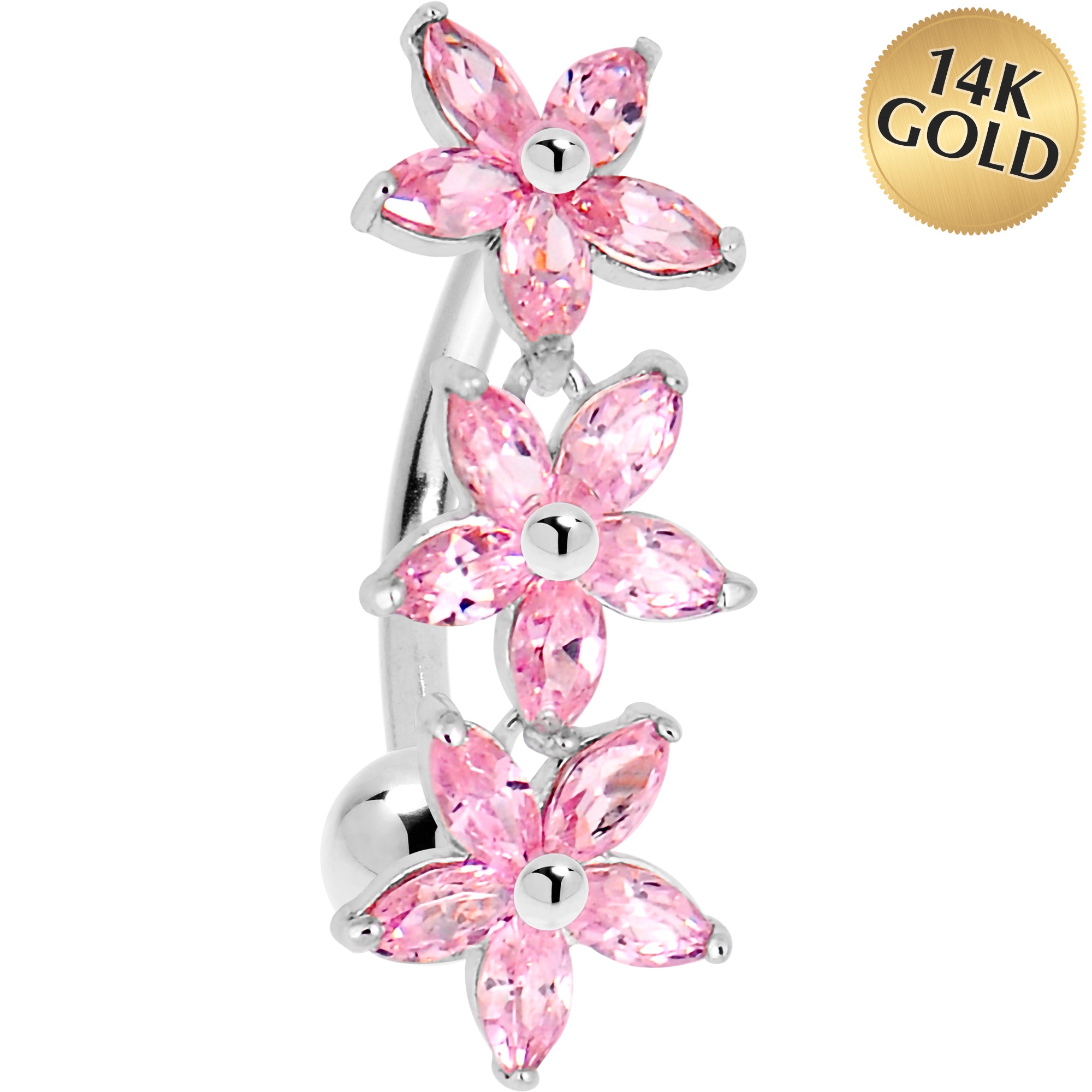 16 Gauge Solid 14kt White Gold Pink Reverse Cubic Zirconia Lily Drop Belly Ring