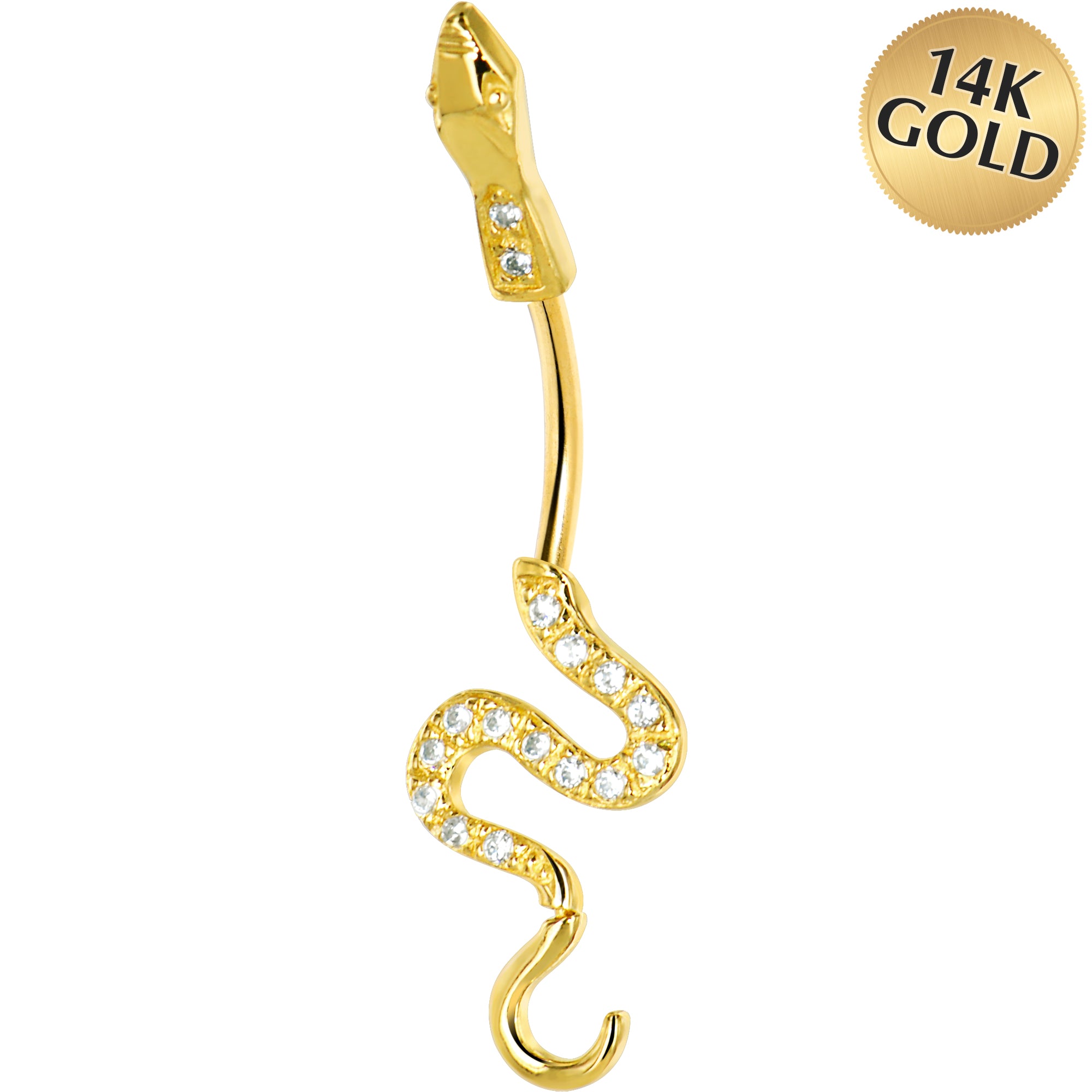 16 Gauge Solid 14kt Yellow Gold Cubic Zirconia Sexy Snake Belly Ring